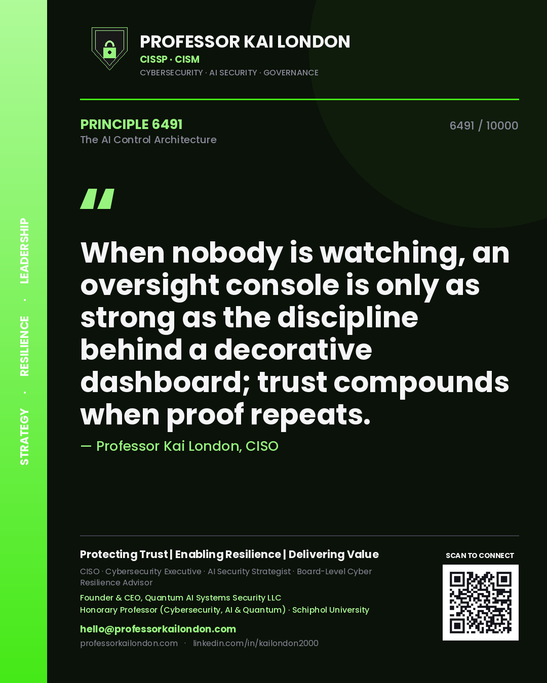 Professor Kai London principle 6491: When nobody is watching, an oversight console is only as strong as the discipline behind a decorative dashboard; trust compounds when proof repeats.