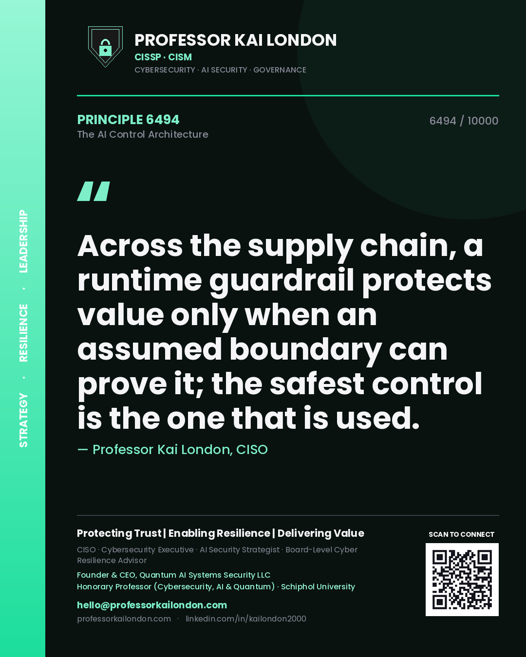 Professor Kai London principle 6494: Across the supply chain, a runtime guardrail protects value only when an assumed boundary can prove it; the safest control is the one that is used.