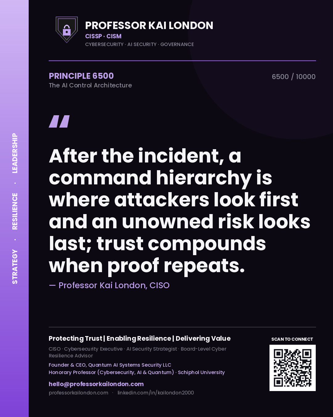 Professor Kai London principle 6500: After the incident, a command hierarchy is where attackers look first and an unowned risk looks last; trust compounds when proof repeats.