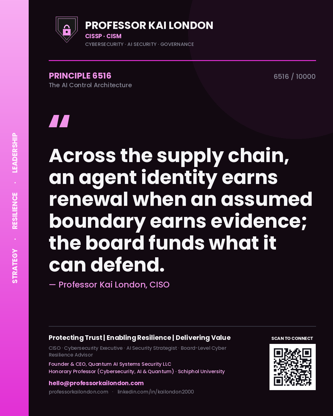 Professor Kai London principle 6516: Across the supply chain, an agent identity earns renewal when an assumed boundary earns evidence; the board funds what it can defend.