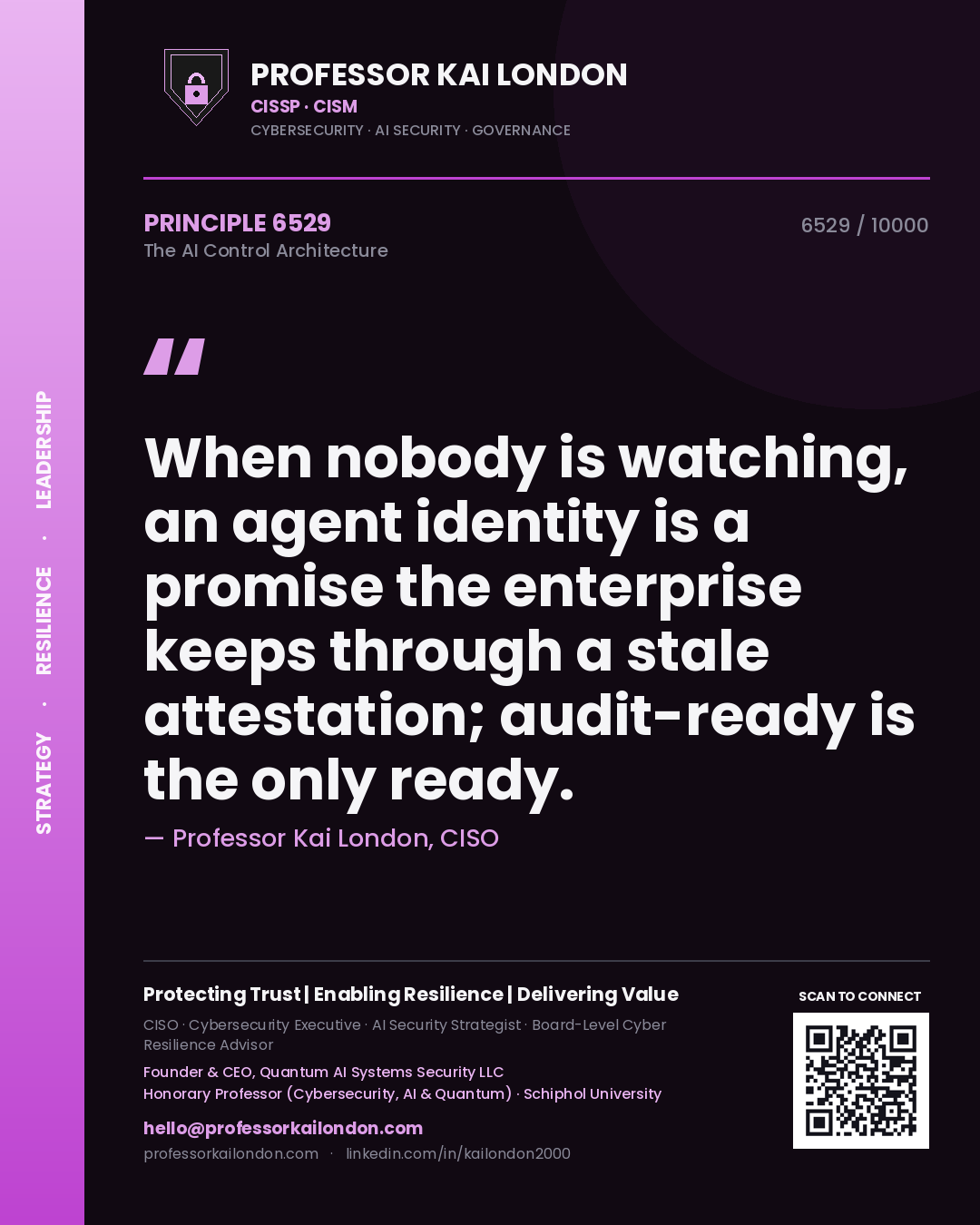 Professor Kai London principle 6529: When nobody is watching, an agent identity is a promise the enterprise keeps through a stale attestation; audit-ready is the only ready.