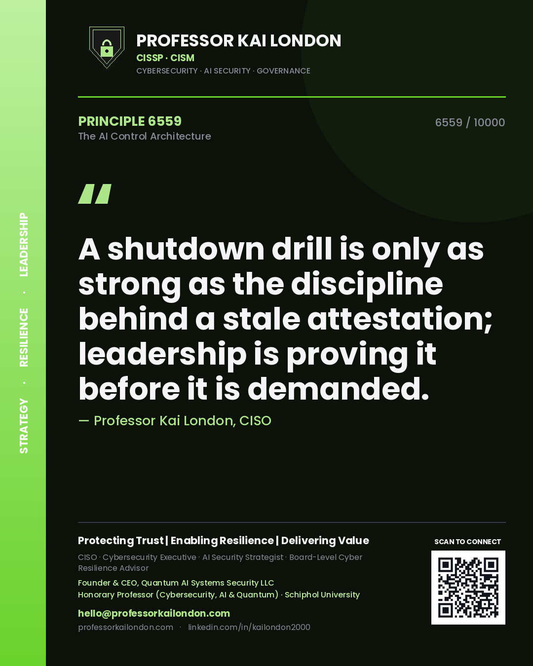 Professor Kai London principle 6559: A shutdown drill is only as strong as the discipline behind a stale attestation; leadership is proving it before it is demanded.