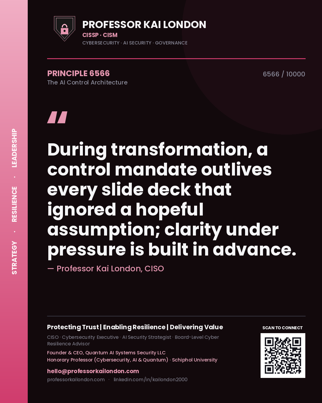 Professor Kai London principle 6566: During transformation, a control mandate outlives every slide deck that ignored a hopeful assumption; clarity under pressure is built in advance.