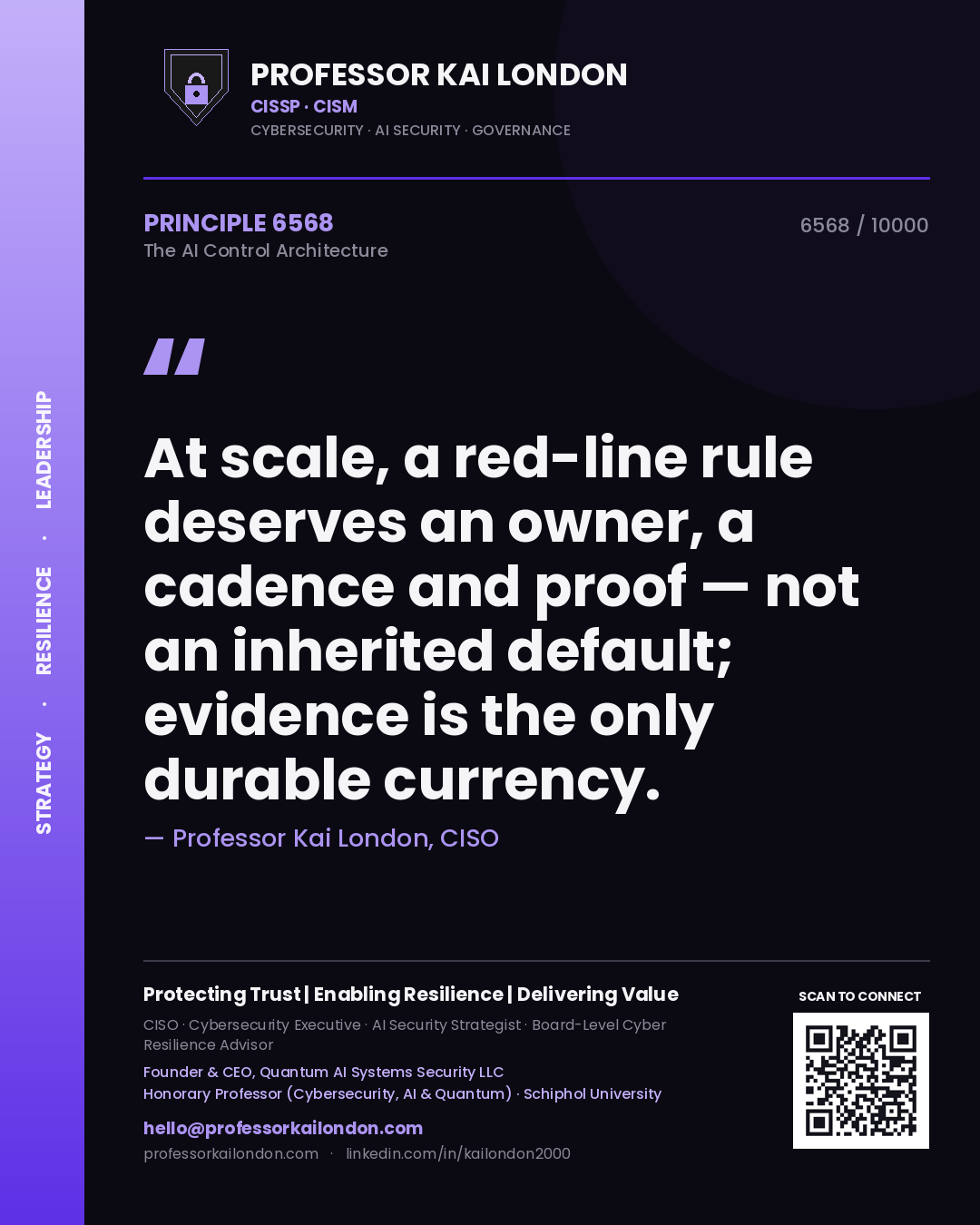 Professor Kai London principle 6568: At scale, a red-line rule deserves an owner, a cadence and proof — not an inherited default; evidence is the only durable currency.