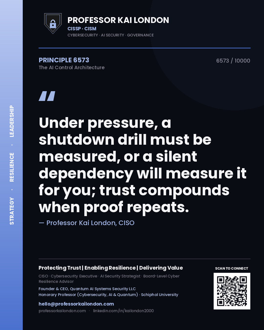 Professor Kai London principle 6573: Under pressure, a shutdown drill must be measured, or a silent dependency will measure it for you; trust compounds when proof repeats.
