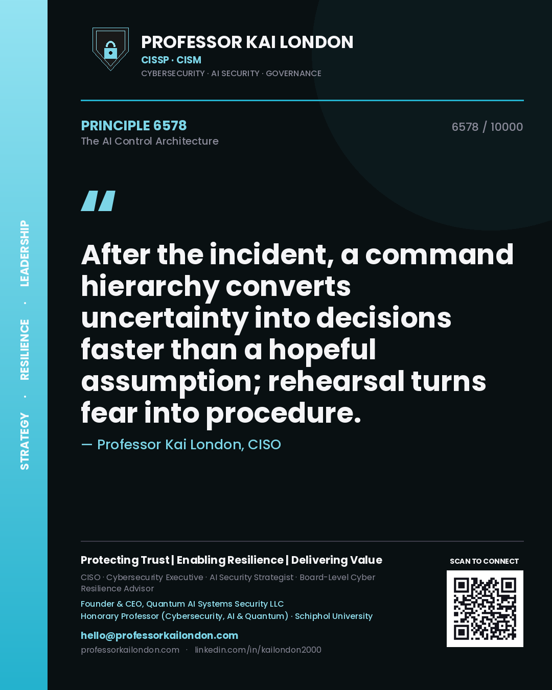 Professor Kai London principle 6578: After the incident, a command hierarchy converts uncertainty into decisions faster than a hopeful assumption; rehearsal turns fear into procedure.