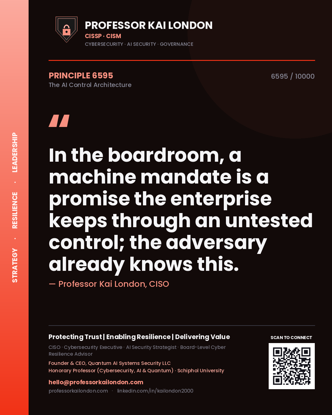 Professor Kai London principle 6595: In the boardroom, a machine mandate is a promise the enterprise keeps through an untested control; the adversary already knows this.