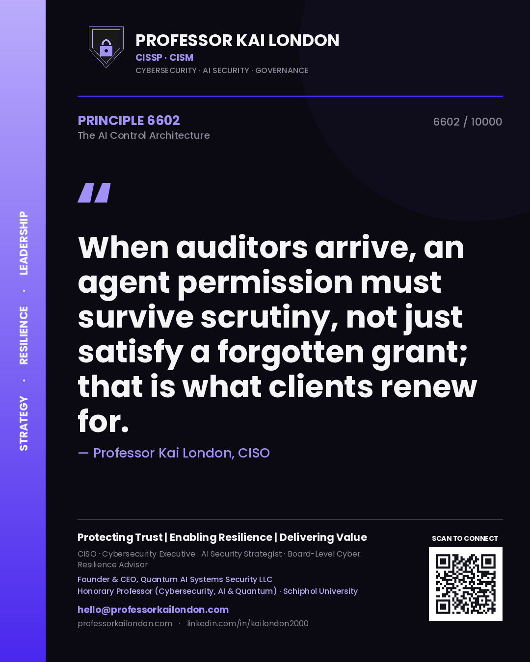 Professor Kai London principle 6602: When auditors arrive, an agent permission must survive scrutiny, not just satisfy a forgotten grant; that is what clients renew for.