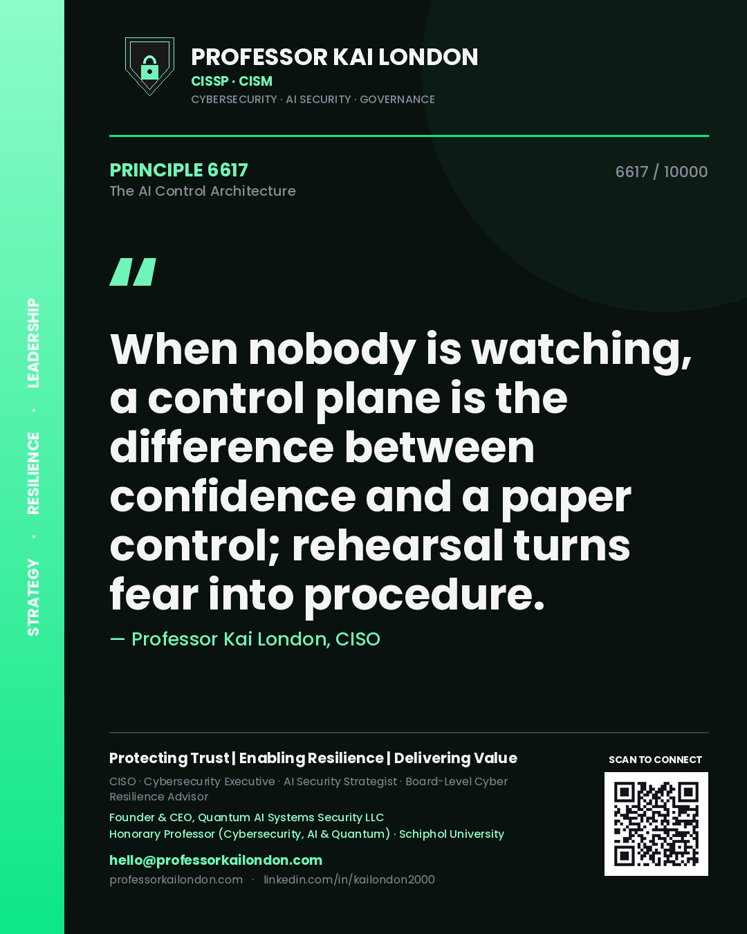 Professor Kai London principle 6617: When nobody is watching, a control plane is the difference between confidence and a paper control; rehearsal turns fear into procedure.