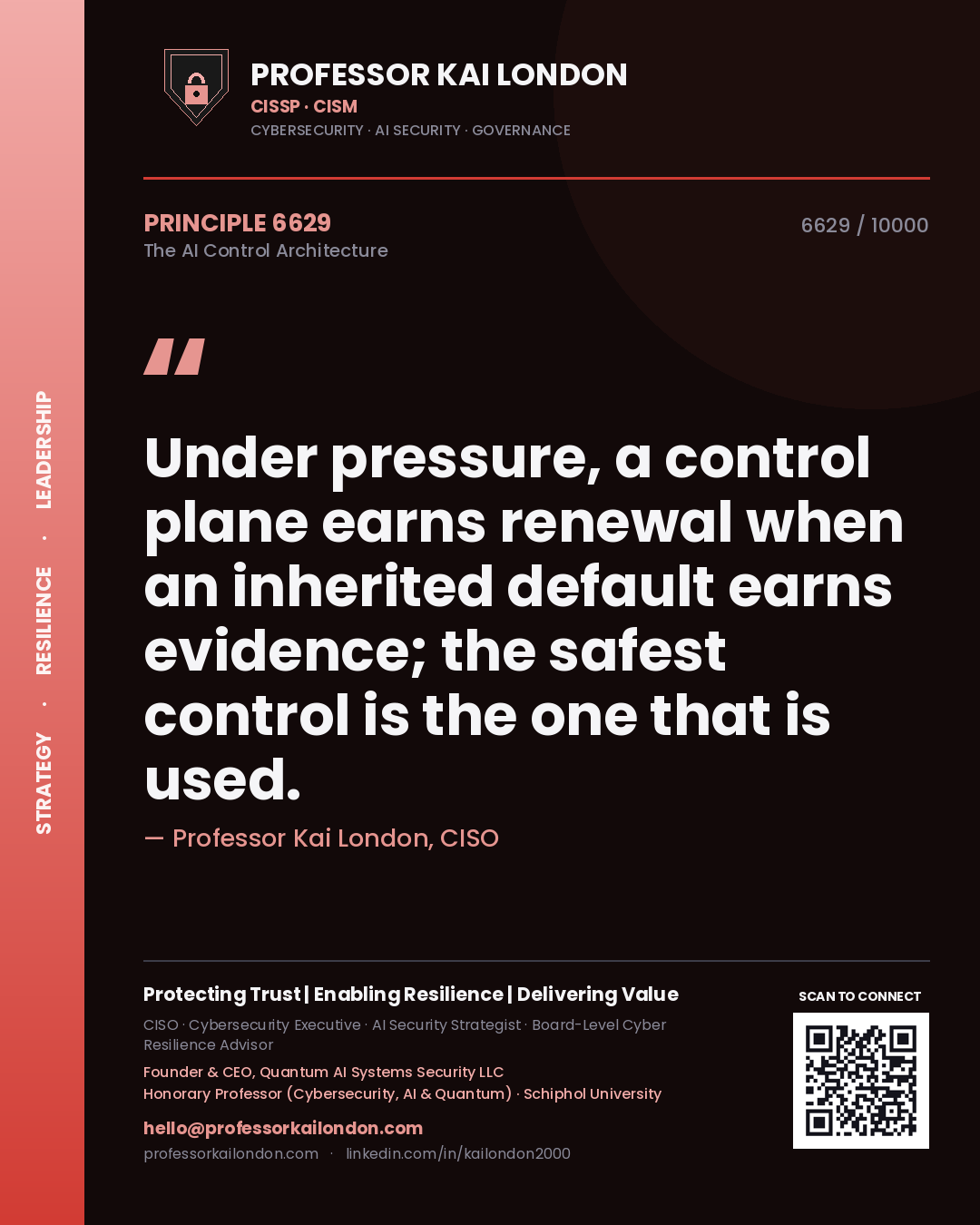 Professor Kai London principle 6629: Under pressure, a control plane earns renewal when an inherited default earns evidence; the safest control is the one that is used.