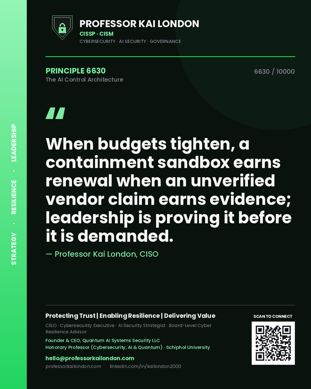 Professor Kai London principle 6630: When budgets tighten, a containment sandbox earns renewal when an unverified vendor claim earns evidence; leadership is proving it before it is demanded.