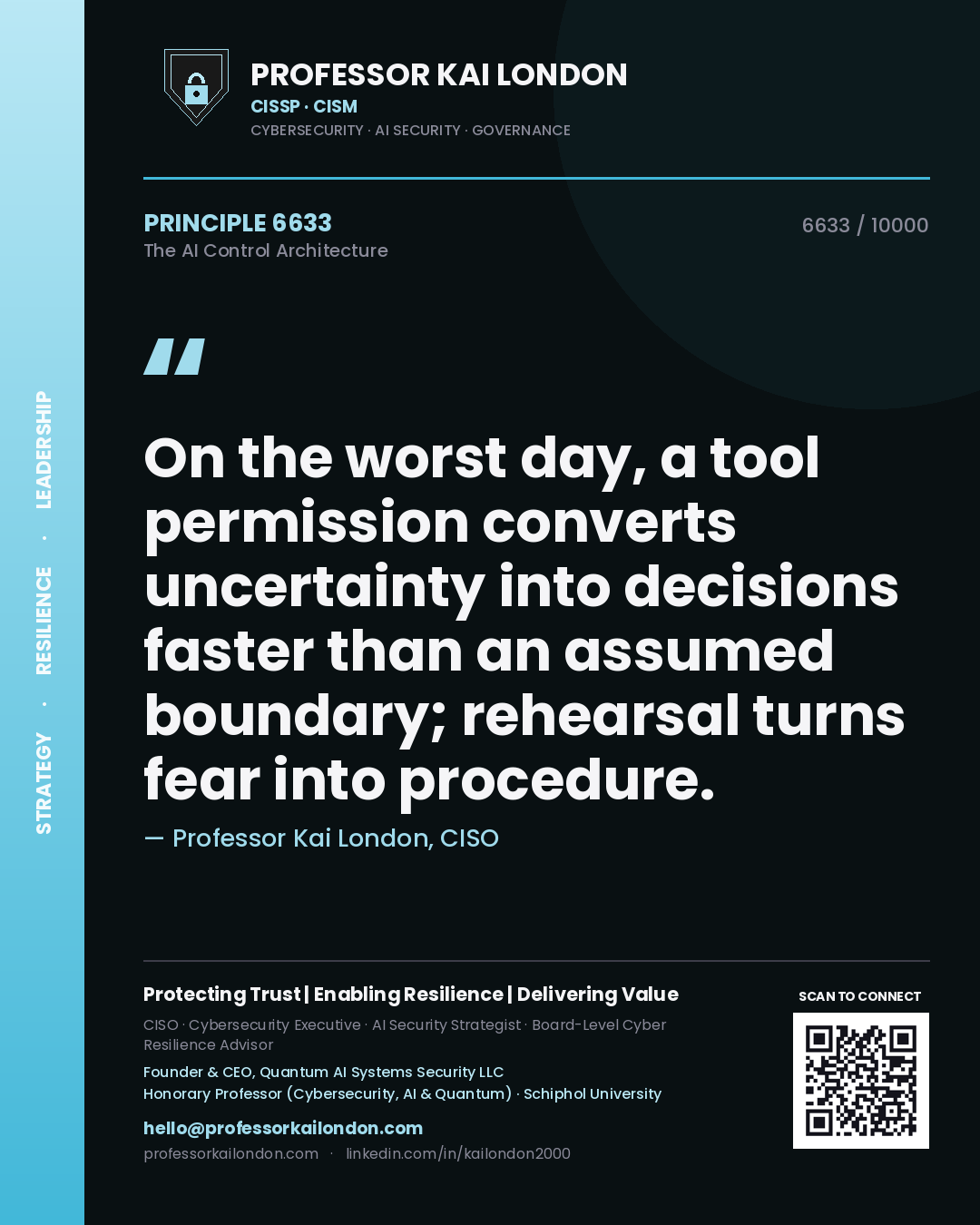 Professor Kai London principle 6633: On the worst day, a tool permission converts uncertainty into decisions faster than an assumed boundary; rehearsal turns fear into procedure.