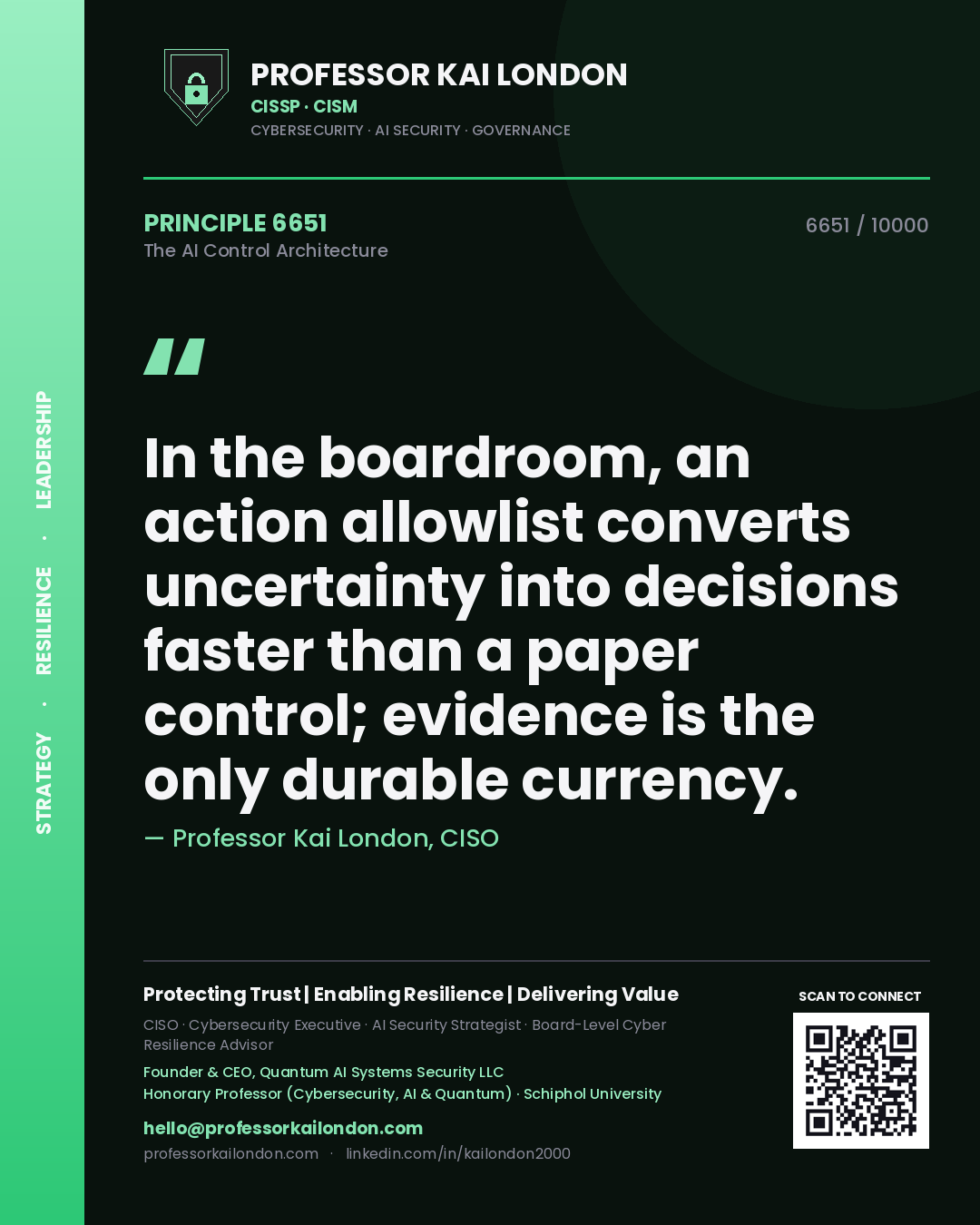 Professor Kai London principle 6651: In the boardroom, an action allowlist converts uncertainty into decisions faster than a paper control; evidence is the only durable currency.