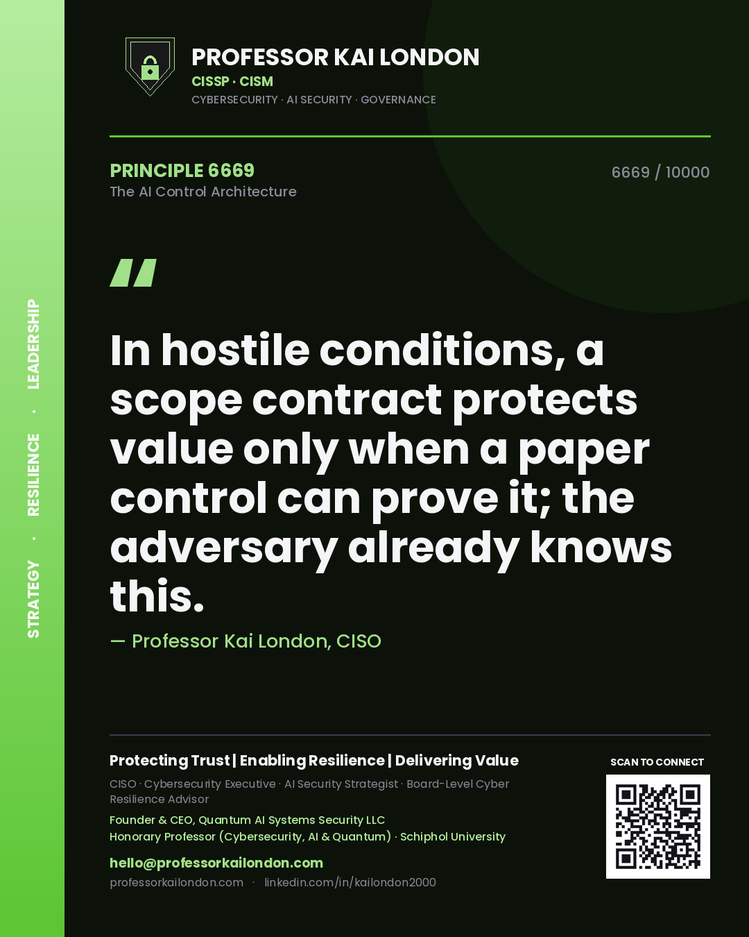 Professor Kai London principle 6669: In hostile conditions, a scope contract protects value only when a paper control can prove it; the adversary already knows this.