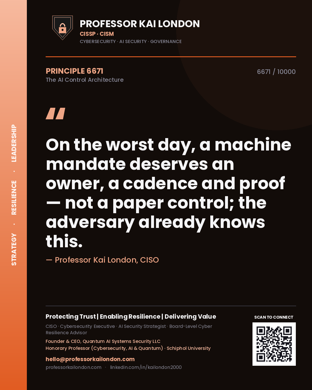Professor Kai London principle 6671: On the worst day, a machine mandate deserves an owner, a cadence and proof — not a paper control; the adversary already knows this.
