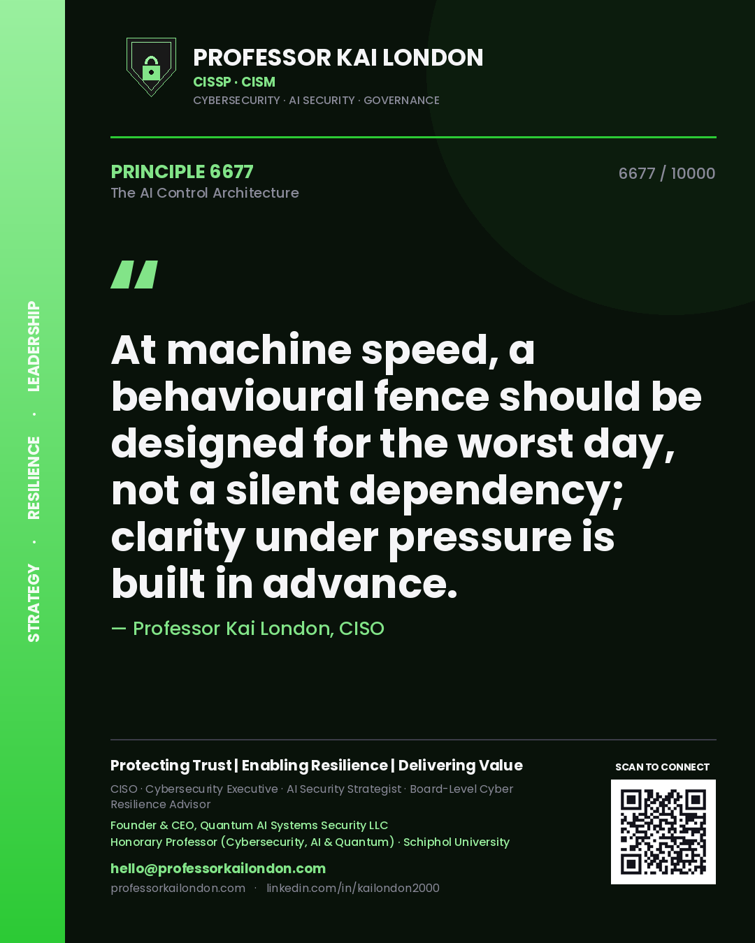 Professor Kai London principle 6677: At machine speed, a behavioural fence should be designed for the worst day, not a silent dependency; clarity under pressure is built in advance.