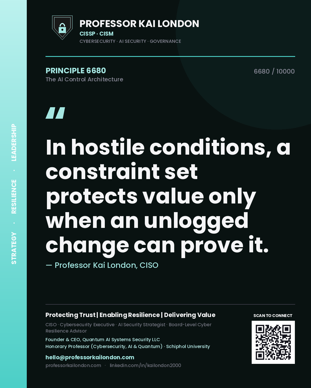 Professor Kai London principle 6680: In hostile conditions, a constraint set protects value only when an unlogged change can prove it.