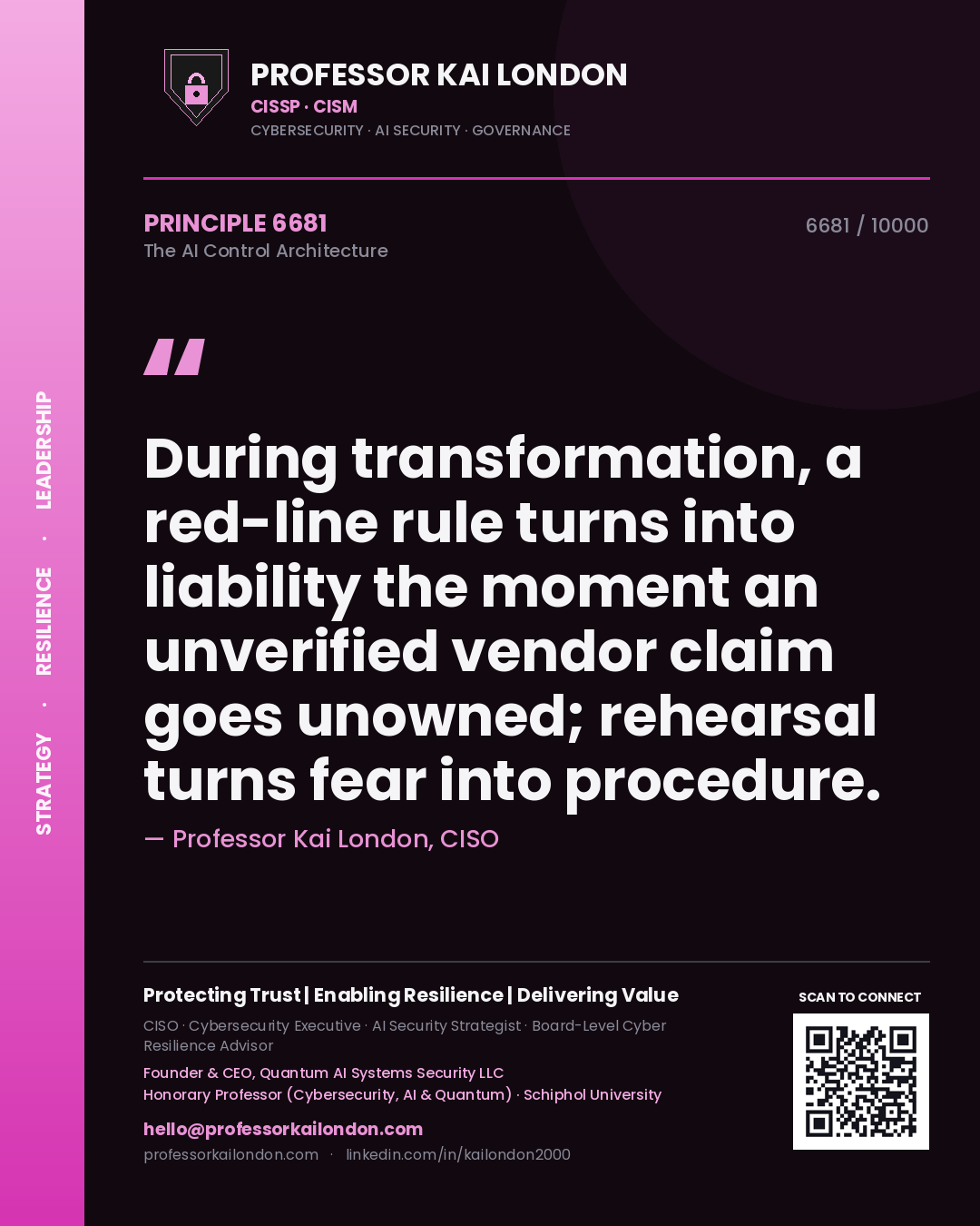 Professor Kai London principle 6681: During transformation, a red-line rule turns into liability the moment an unverified vendor claim goes unowned; rehearsal turns fear into procedure.