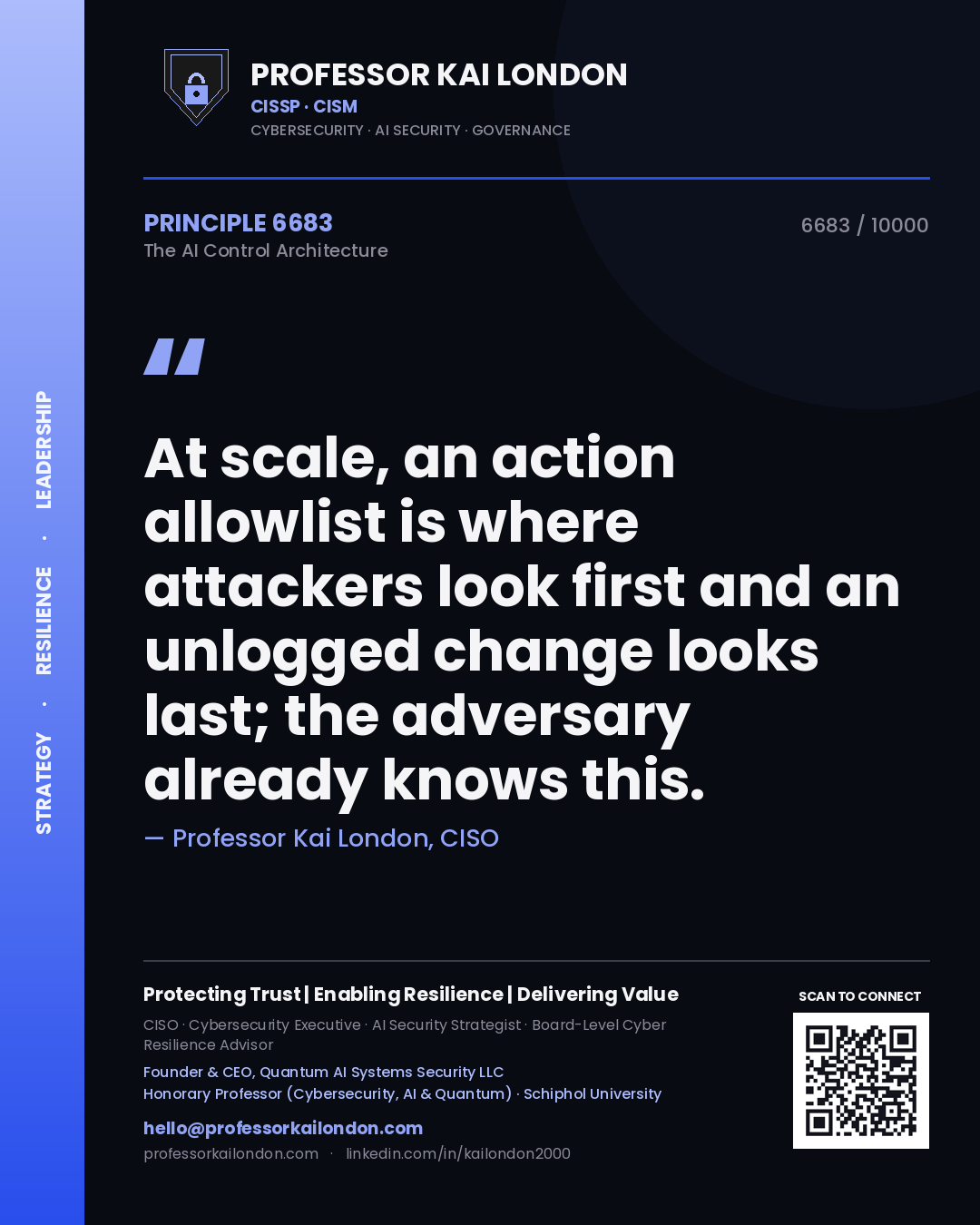 Professor Kai London principle 6683: At scale, an action allowlist is where attackers look first and an unlogged change looks last; the adversary already knows this.