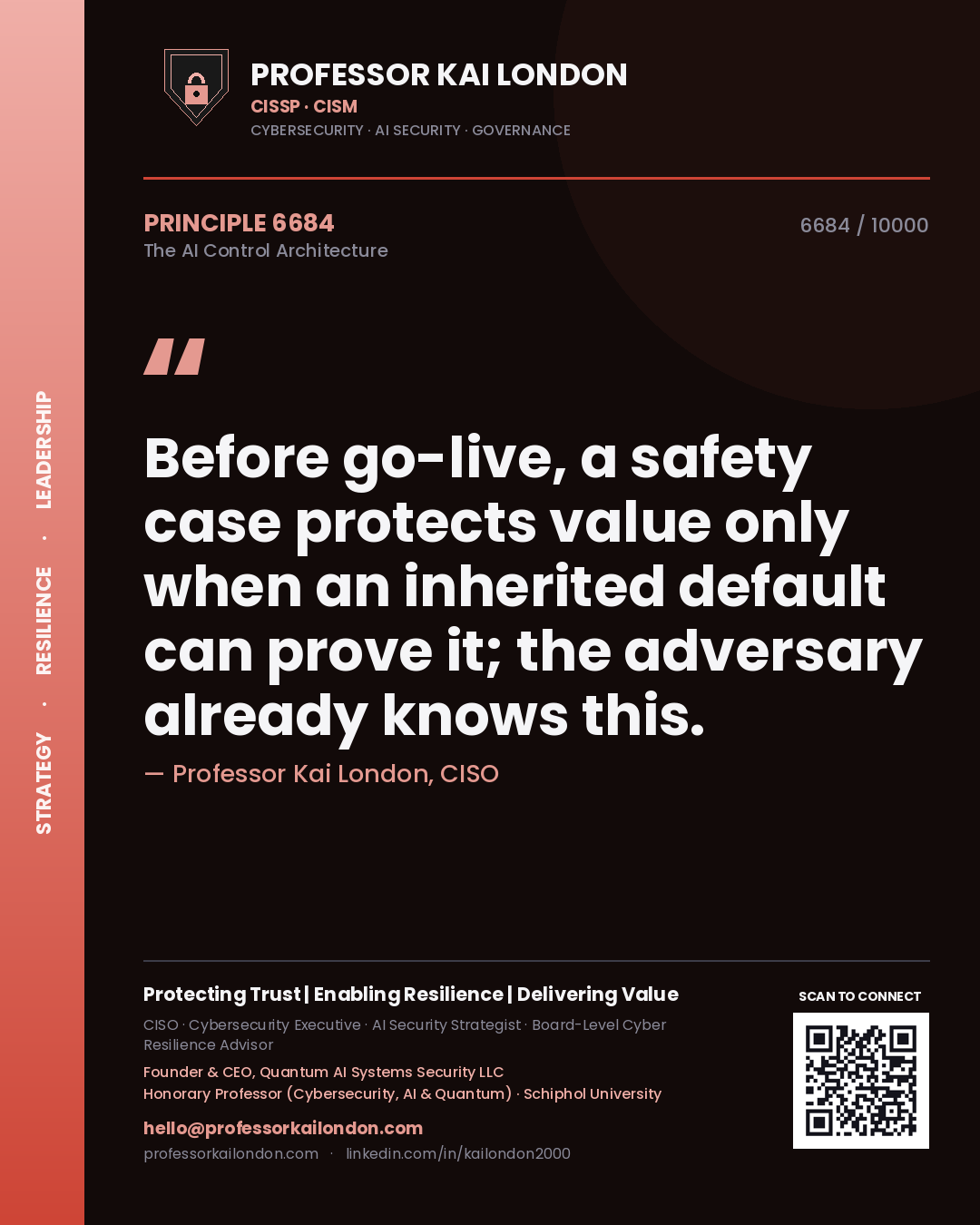 Professor Kai London principle 6684: Before go-live, a safety case protects value only when an inherited default can prove it; the adversary already knows this.