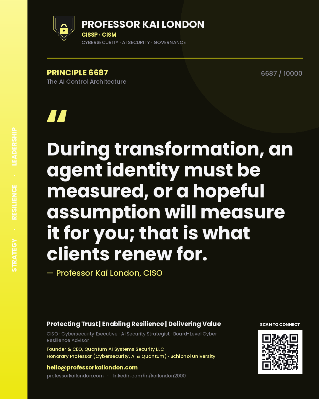 Professor Kai London principle 6687: During transformation, an agent identity must be measured, or a hopeful assumption will measure it for you; that is what clients renew for.