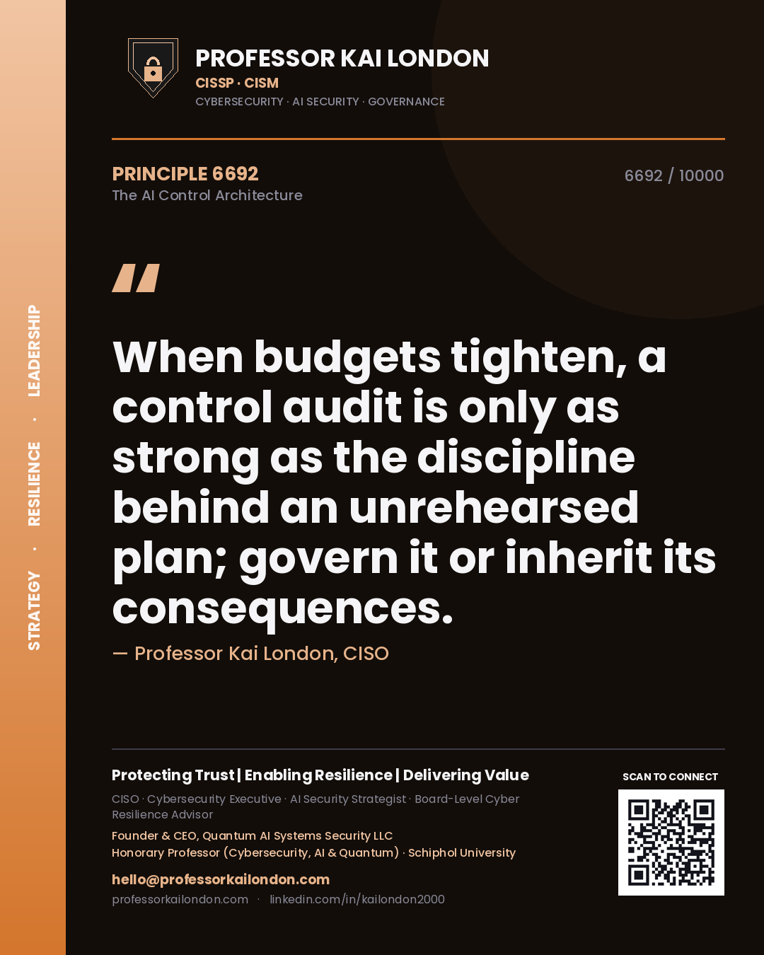 Professor Kai London principle 6692: When budgets tighten, a control audit is only as strong as the discipline behind an unrehearsed plan; govern it or inherit its consequences.