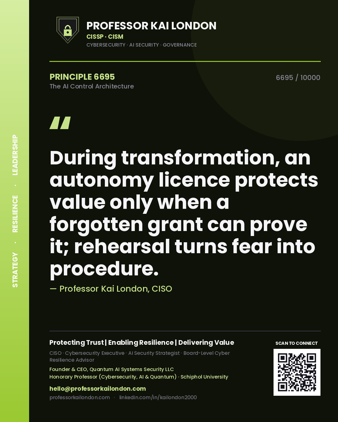 Professor Kai London principle 6695: During transformation, an autonomy licence protects value only when a forgotten grant can prove it; rehearsal turns fear into procedure.