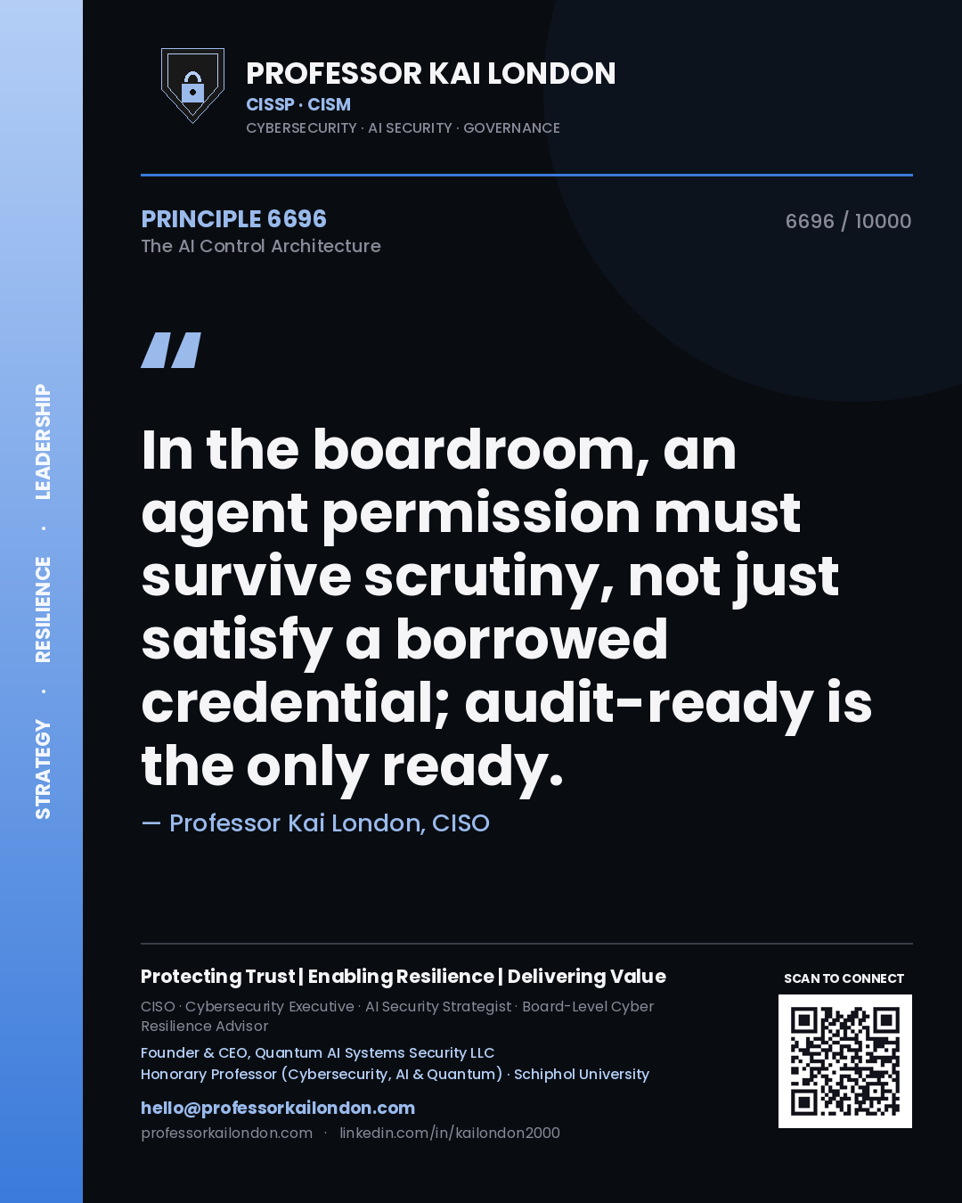 Professor Kai London principle 6696: In the boardroom, an agent permission must survive scrutiny, not just satisfy a borrowed credential; audit-ready is the only ready.