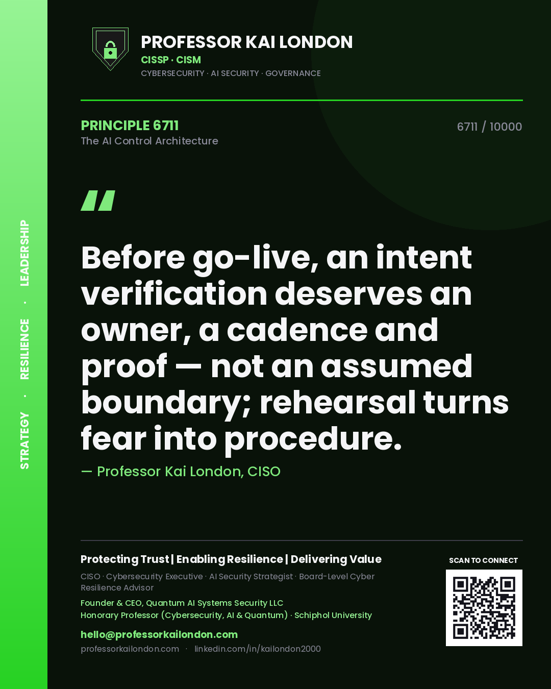 Professor Kai London principle 6711: Before go-live, an intent verification deserves an owner, a cadence and proof — not an assumed boundary; rehearsal turns fear into procedure.