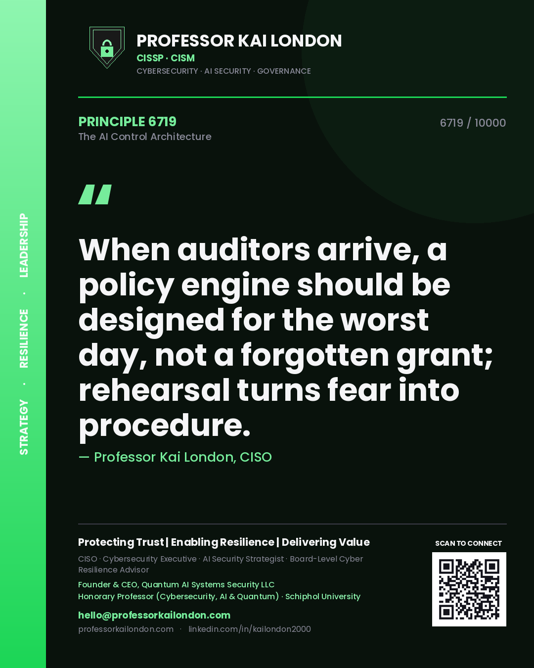 Professor Kai London principle 6719: When auditors arrive, a policy engine should be designed for the worst day, not a forgotten grant; rehearsal turns fear into procedure.
