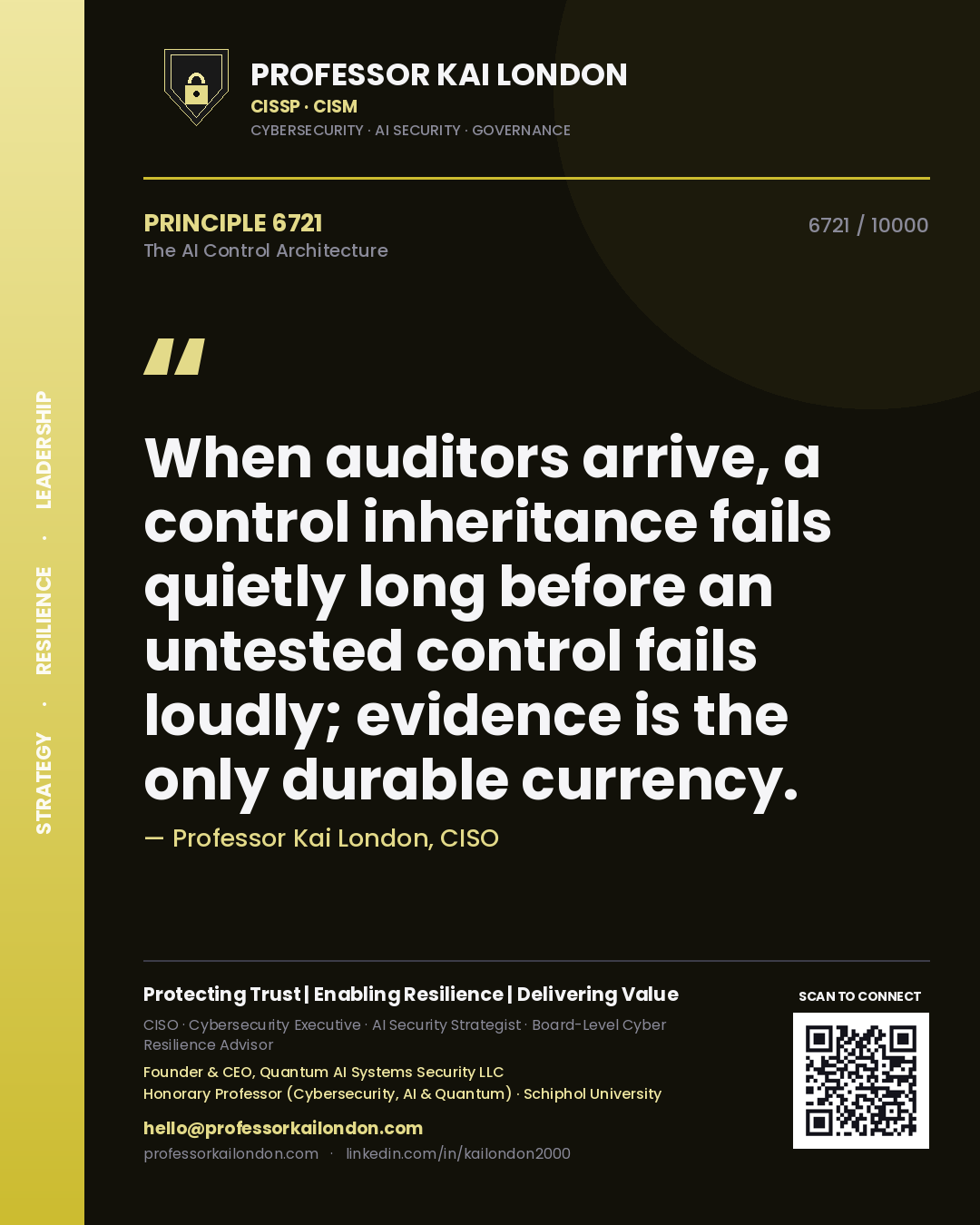 Professor Kai London principle 6721: When auditors arrive, a control inheritance fails quietly long before an untested control fails loudly; evidence is the only durable currency.