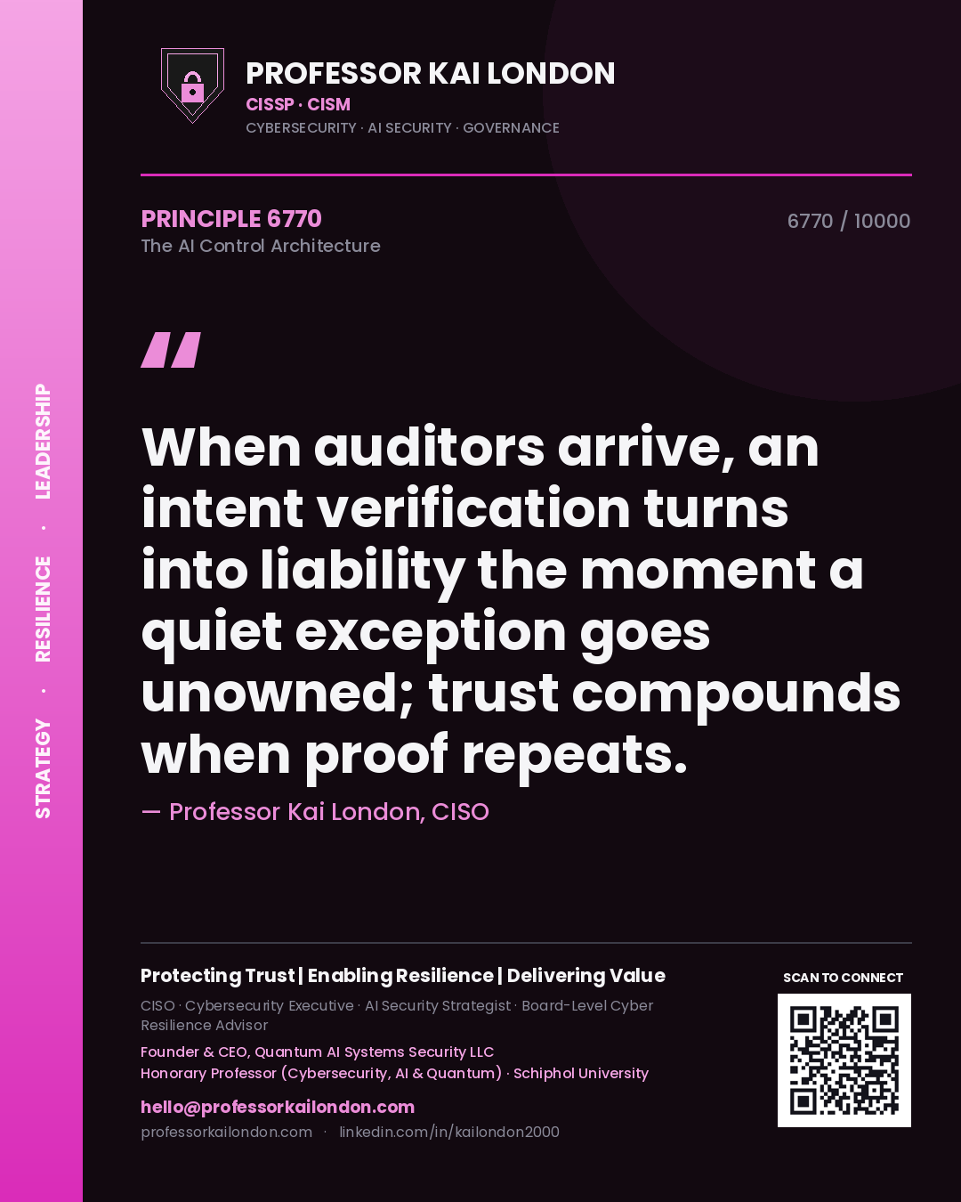 Professor Kai London principle 6770: When auditors arrive, an intent verification turns into liability the moment a quiet exception goes unowned; trust compounds when proof repeats.