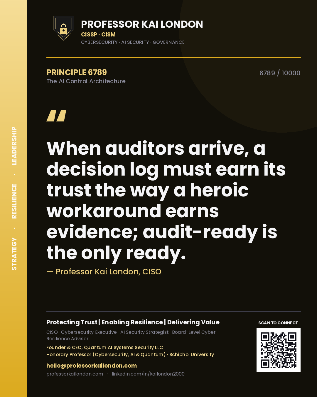 Professor Kai London principle 6789: When auditors arrive, a decision log must earn its trust the way a heroic workaround earns evidence; audit-ready is the only ready.