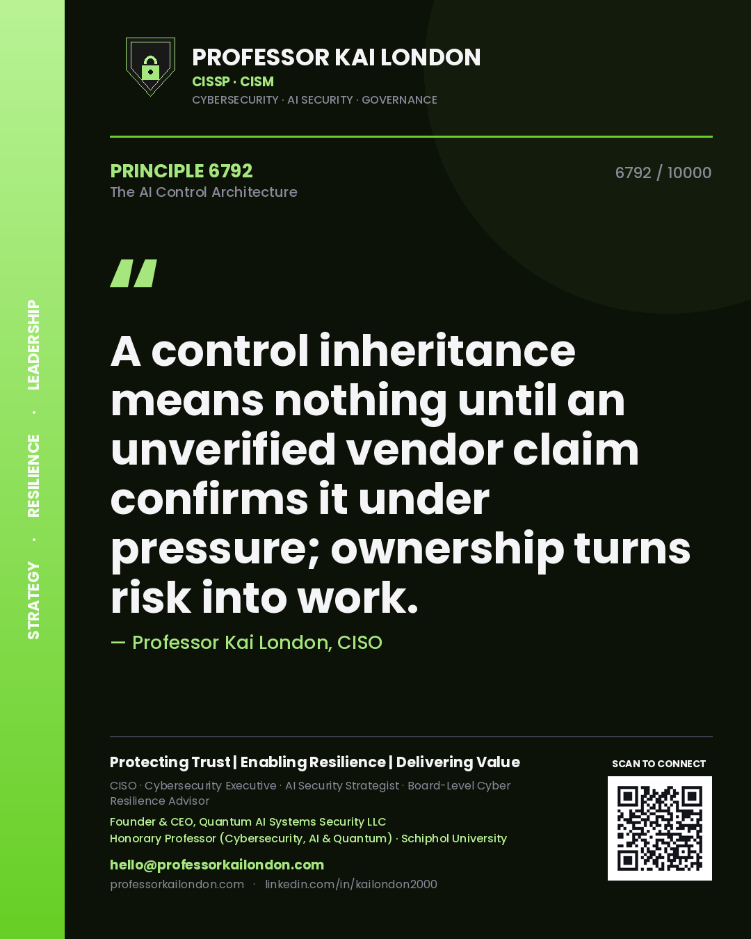 Professor Kai London principle 6792: A control inheritance means nothing until an unverified vendor claim confirms it under pressure; ownership turns risk into work.