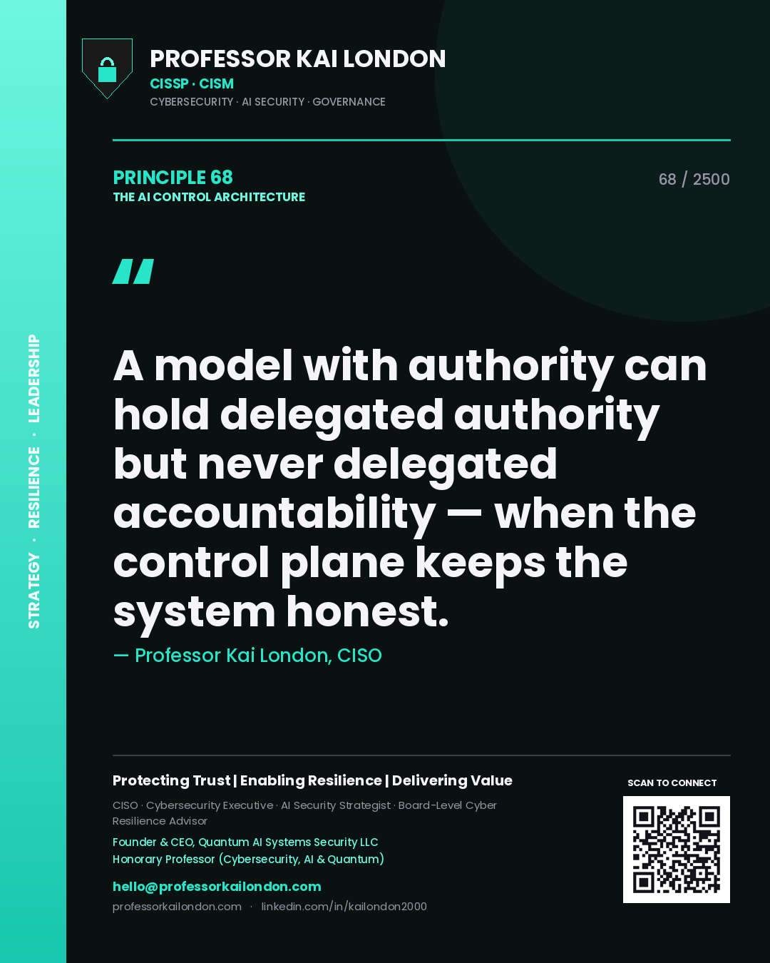 Professor Kai London principle 68: A model with authority can hold delegated authority but never delegated accountability — when the control plane keeps the system honest.