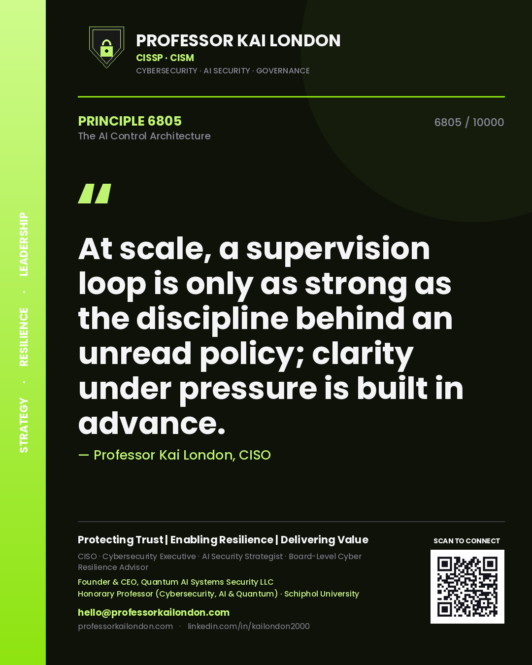 Professor Kai London principle 6805: At scale, a supervision loop is only as strong as the discipline behind an unread policy; clarity under pressure is built in advance.