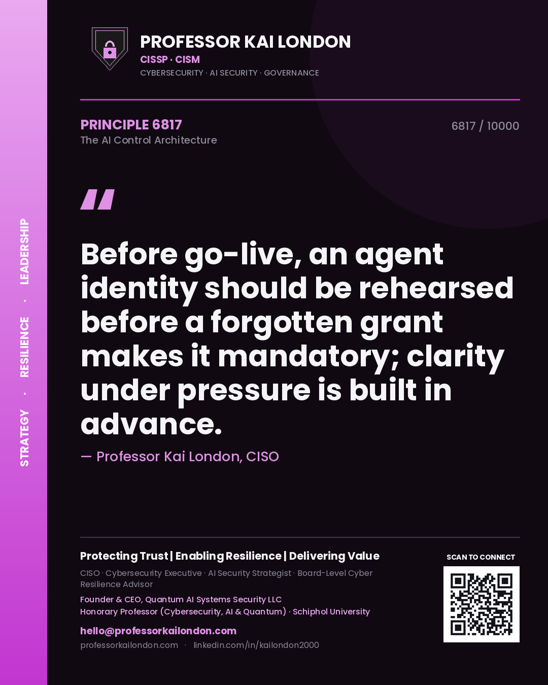 Professor Kai London principle 6817: Before go-live, an agent identity should be rehearsed before a forgotten grant makes it mandatory; clarity under pressure is built in advance.