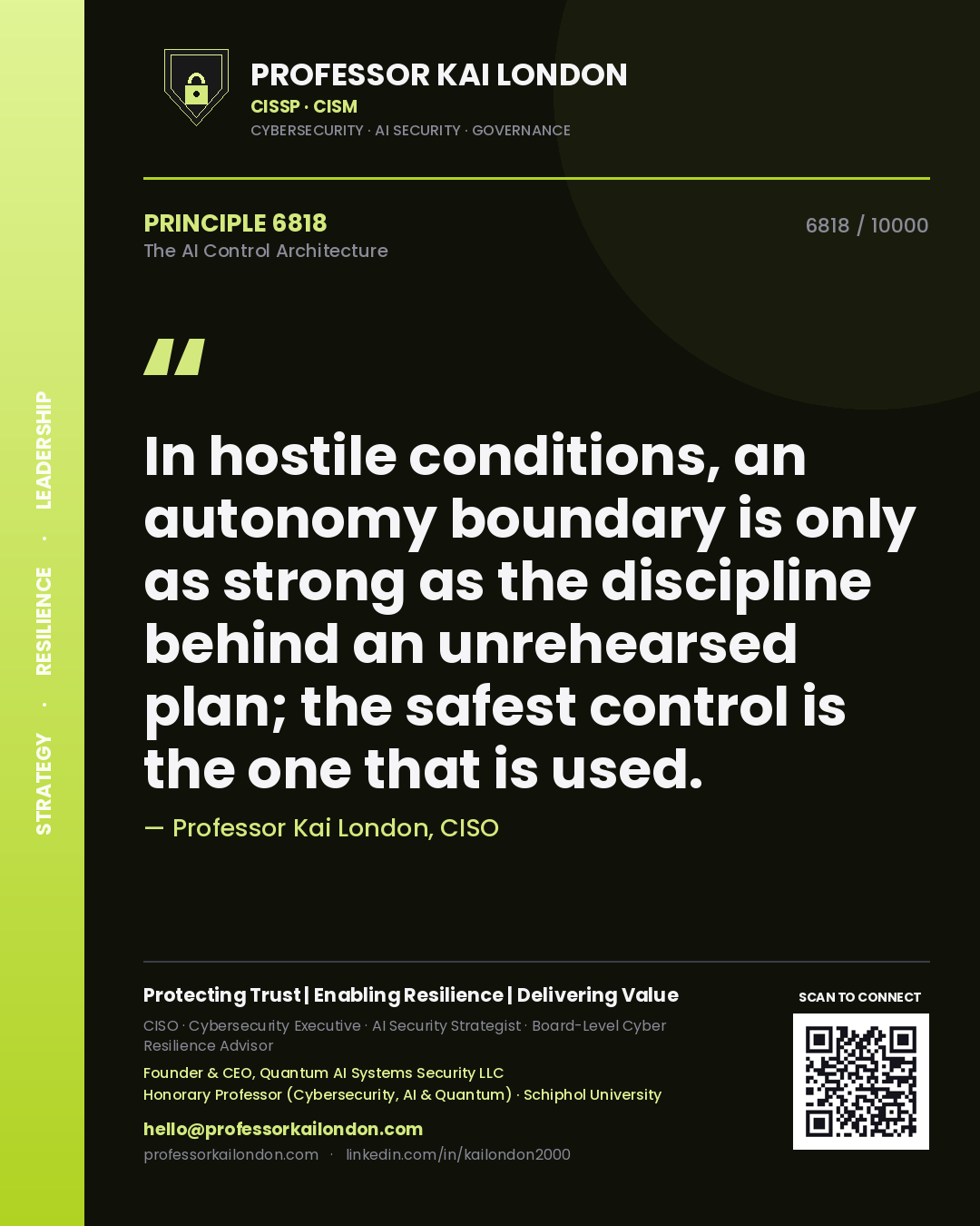 Professor Kai London principle 6818: In hostile conditions, an autonomy boundary is only as strong as the discipline behind an unrehearsed plan; the safest control is the one that is used.