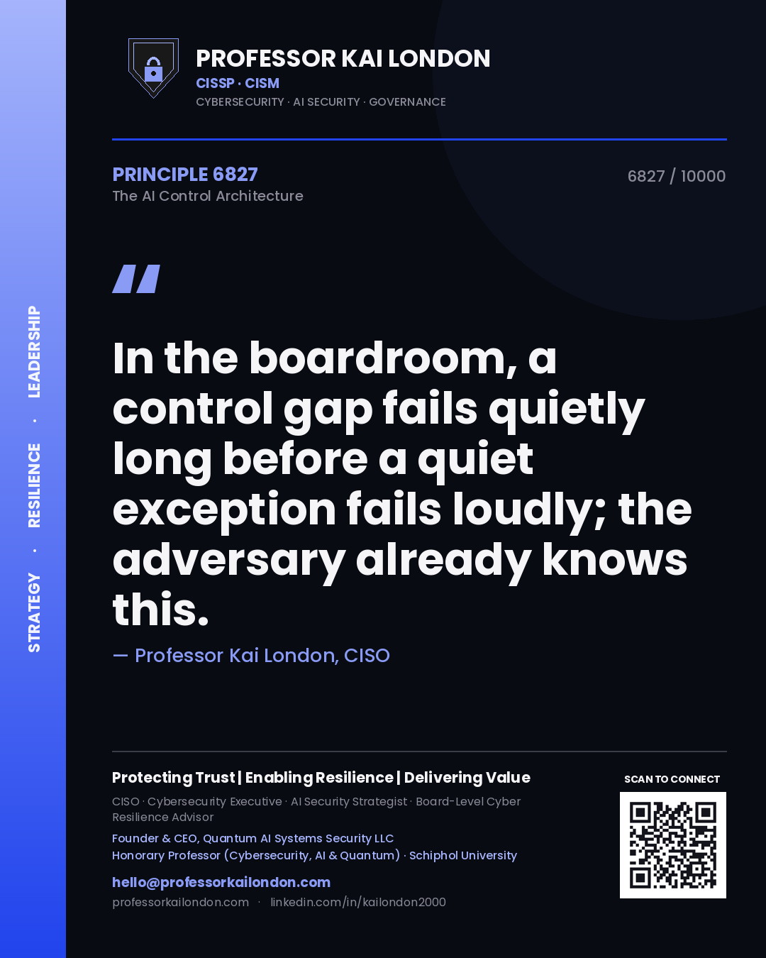 Professor Kai London principle 6827: In the boardroom, a control gap fails quietly long before a quiet exception fails loudly; the adversary already knows this.