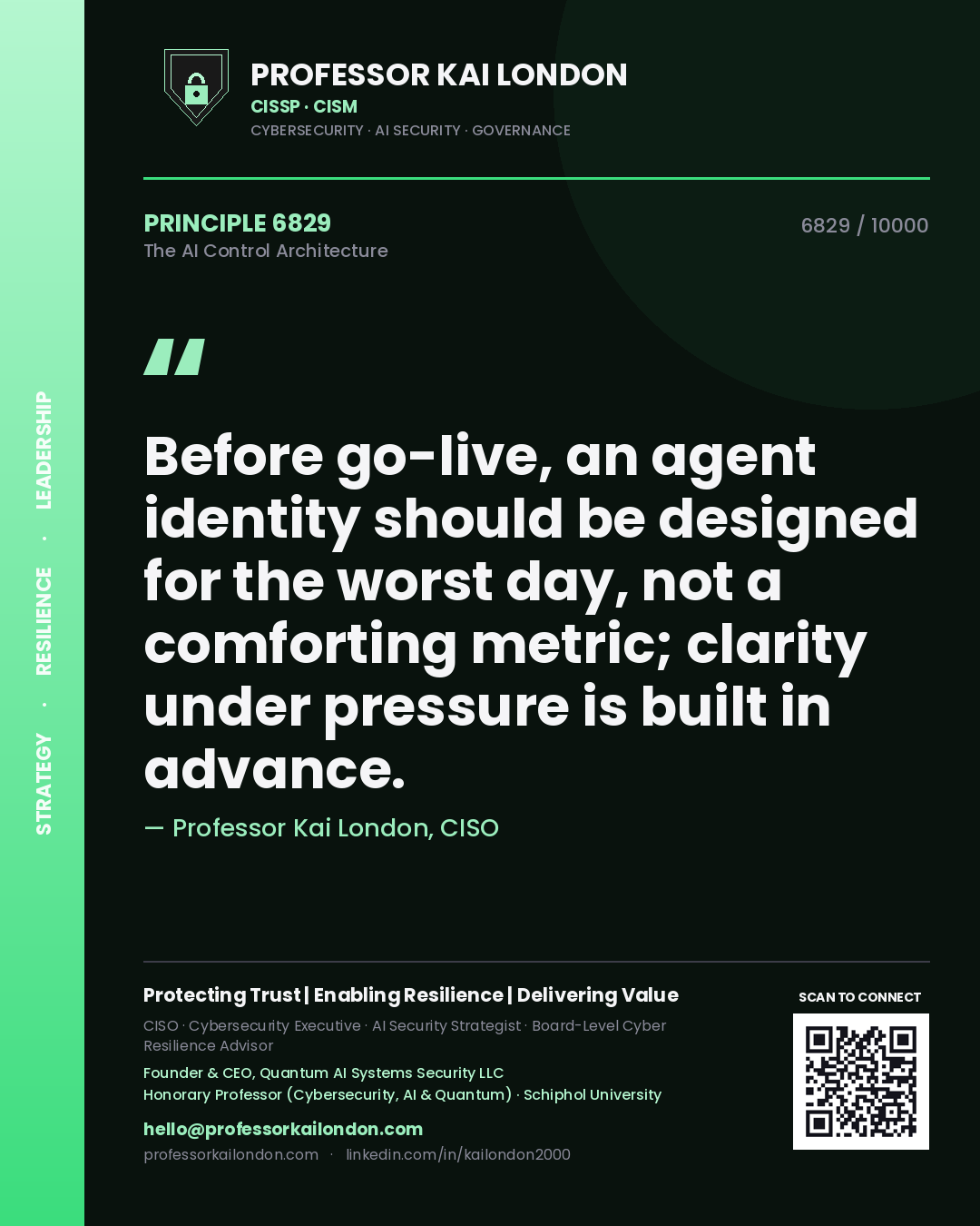 Professor Kai London principle 6829: Before go-live, an agent identity should be designed for the worst day, not a comforting metric; clarity under pressure is built in advance.