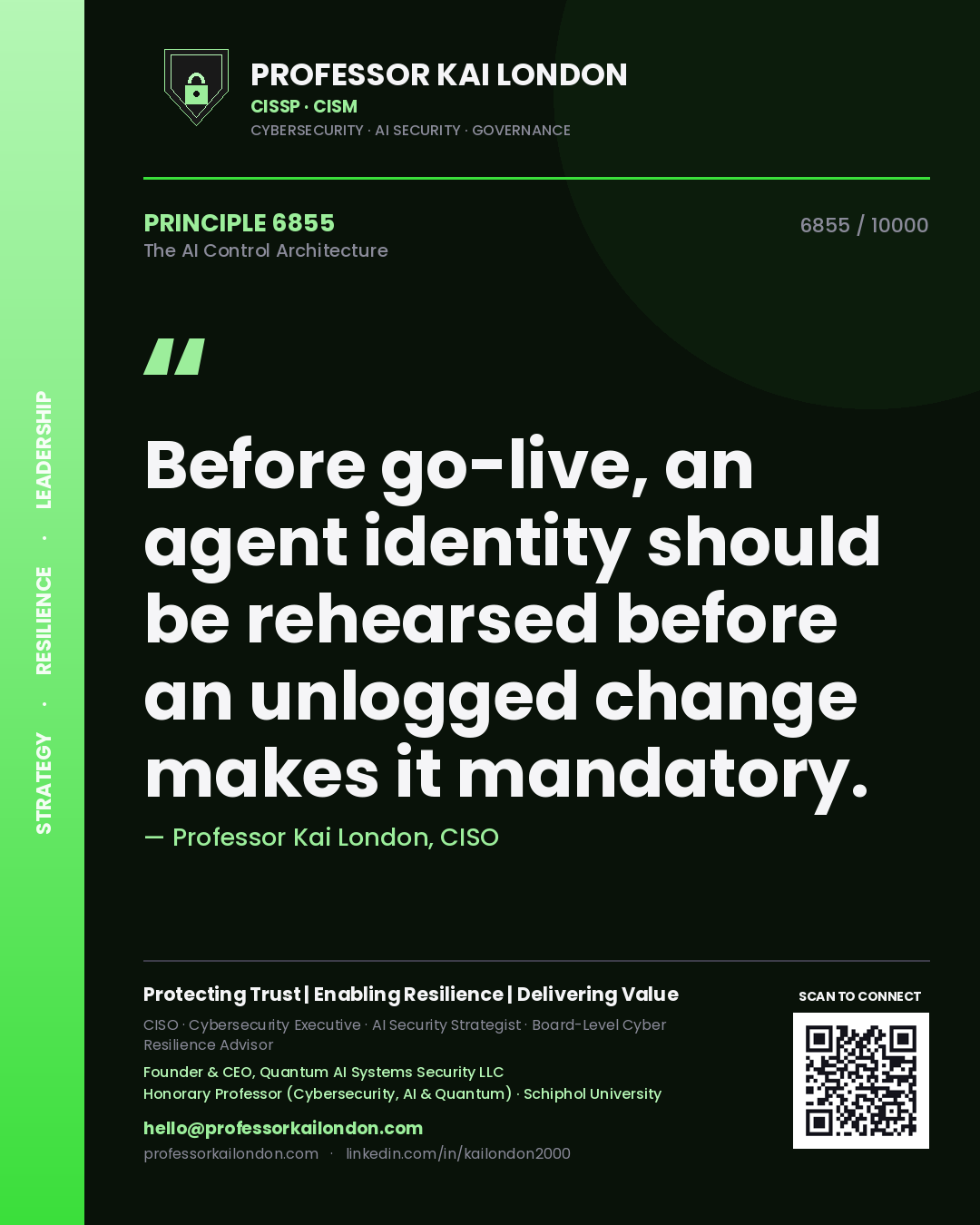 Professor Kai London principle 6855: Before go-live, an agent identity should be rehearsed before an unlogged change makes it mandatory.