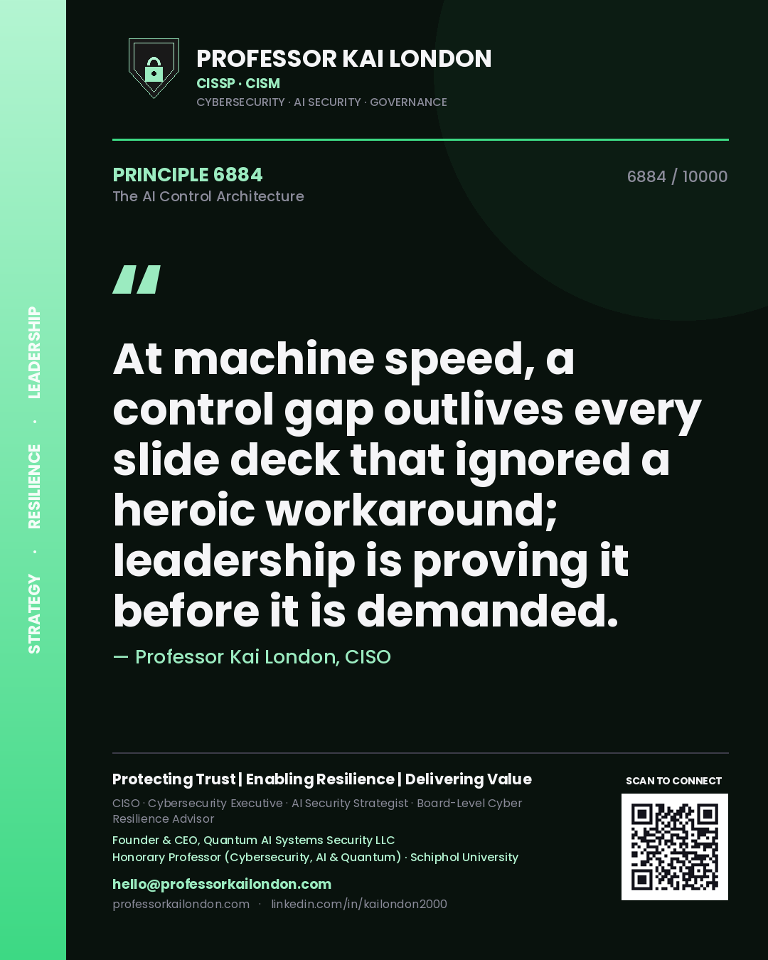 Professor Kai London principle 6884: At machine speed, a control gap outlives every slide deck that ignored a heroic workaround; leadership is proving it before it is demanded.
