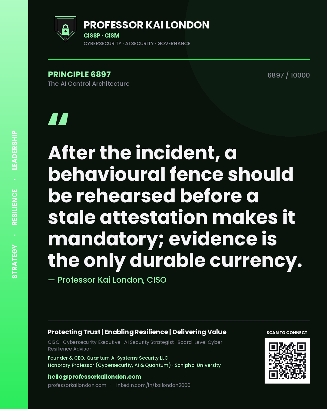 Professor Kai London principle 6897: After the incident, a behavioural fence should be rehearsed before a stale attestation makes it mandatory; evidence is the only durable currency.