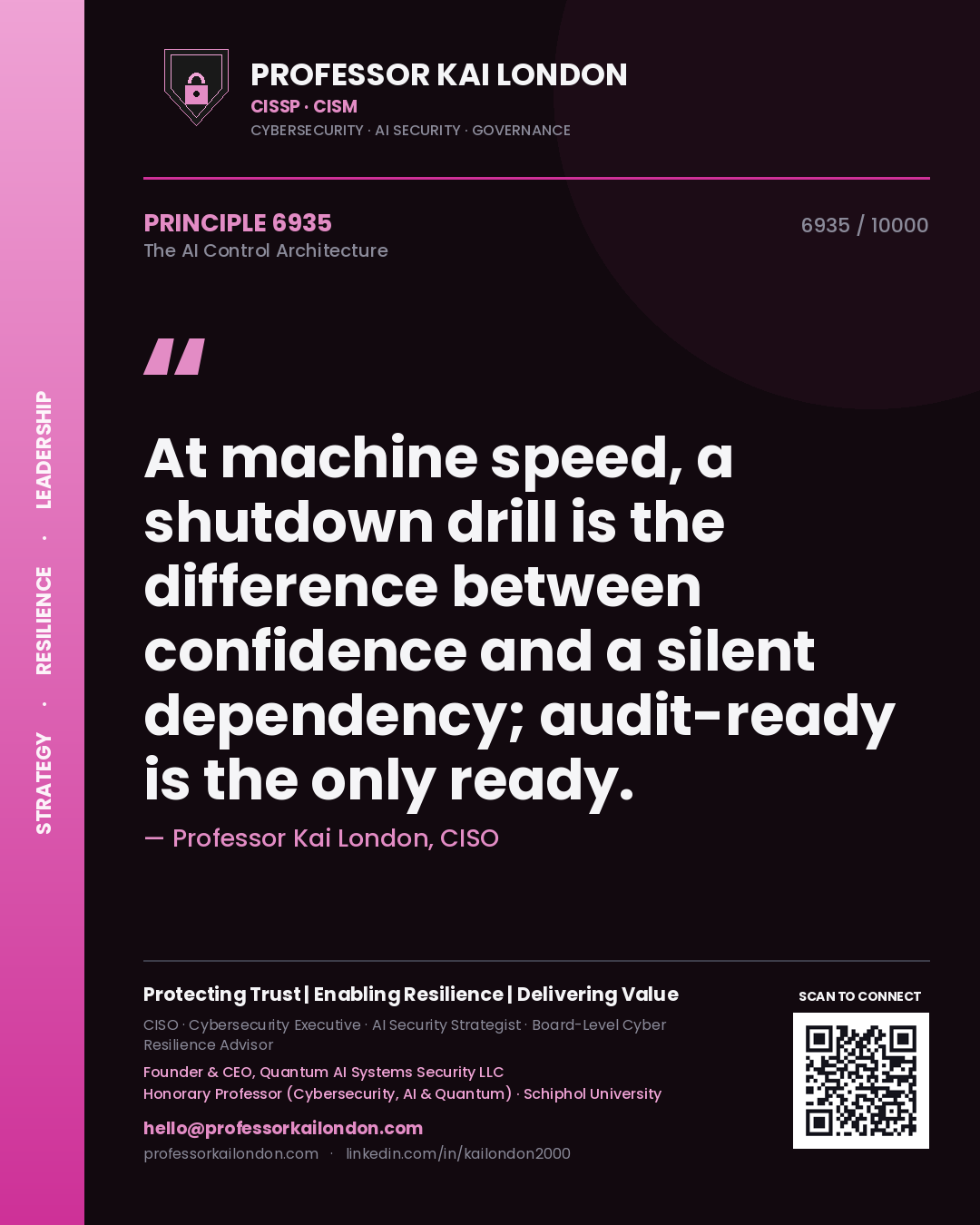 Professor Kai London principle 6935: At machine speed, a shutdown drill is the difference between confidence and a silent dependency; audit-ready is the only ready.