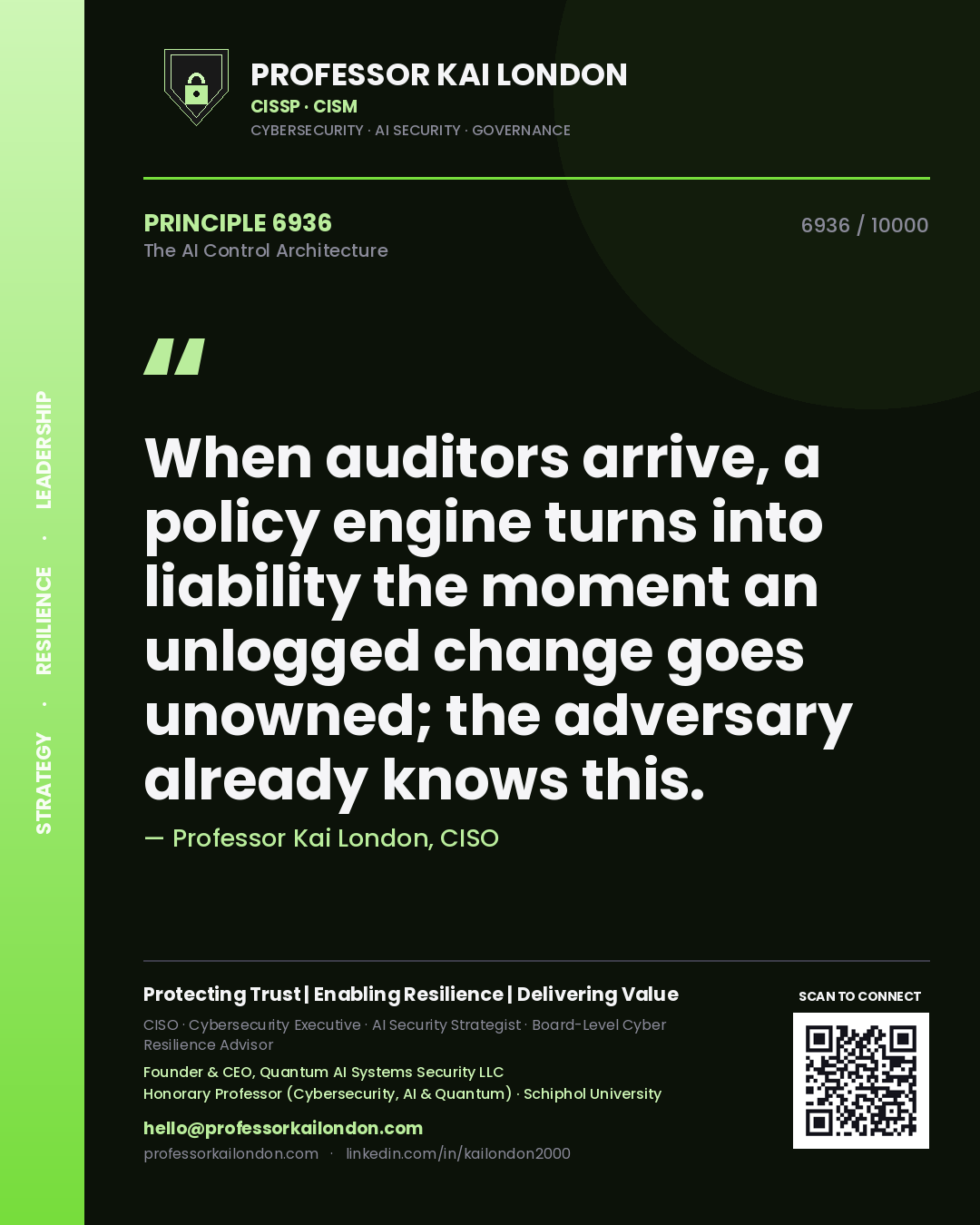 Professor Kai London principle 6936: When auditors arrive, a policy engine turns into liability the moment an unlogged change goes unowned; the adversary already knows this.