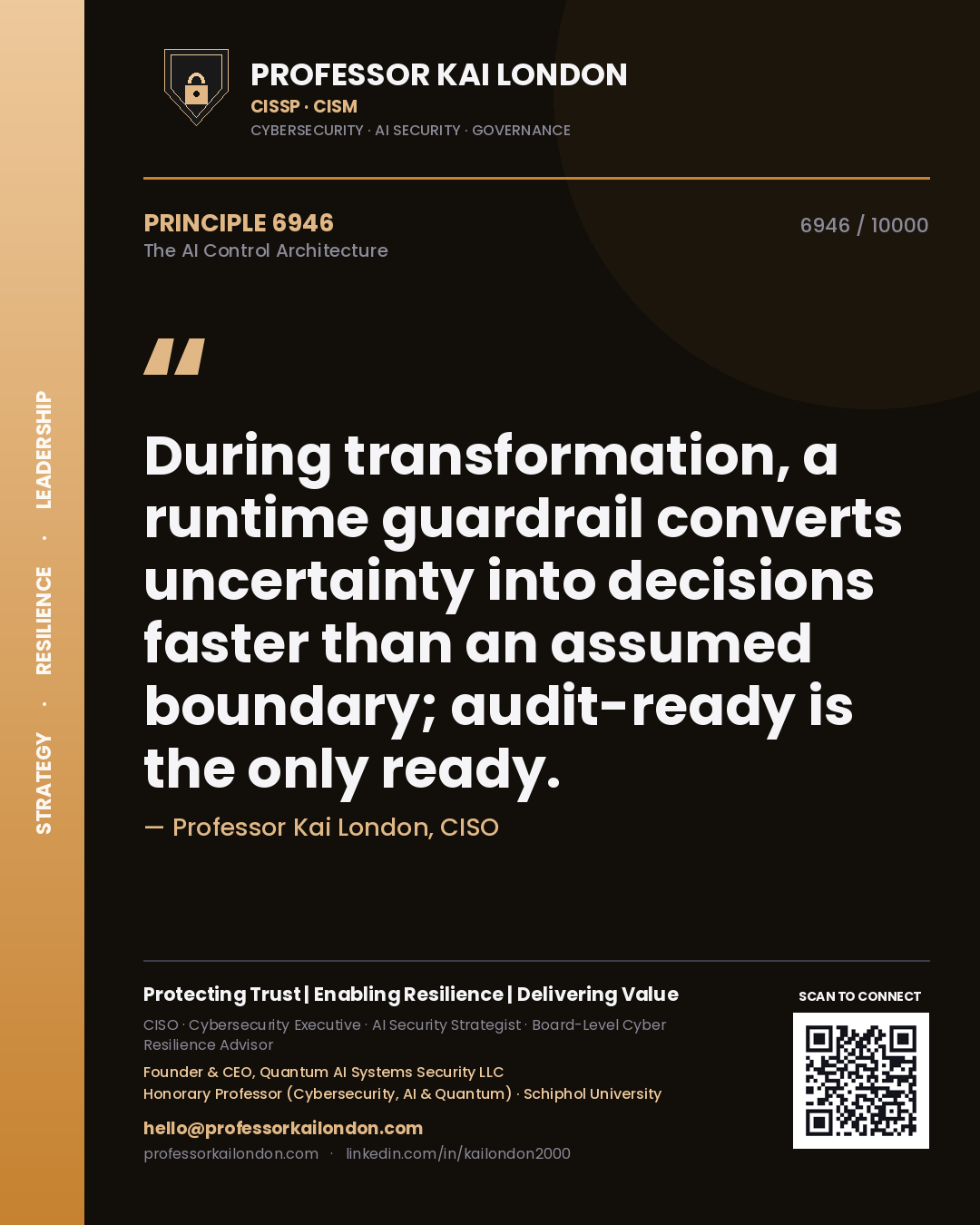 Professor Kai London principle 6946: During transformation, a runtime guardrail converts uncertainty into decisions faster than an assumed boundary; audit-ready is the only ready.