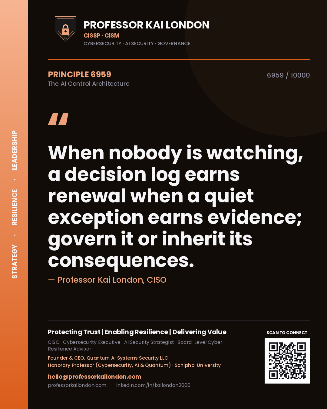 Professor Kai London principle 6959: When nobody is watching, a decision log earns renewal when a quiet exception earns evidence; govern it or inherit its consequences.