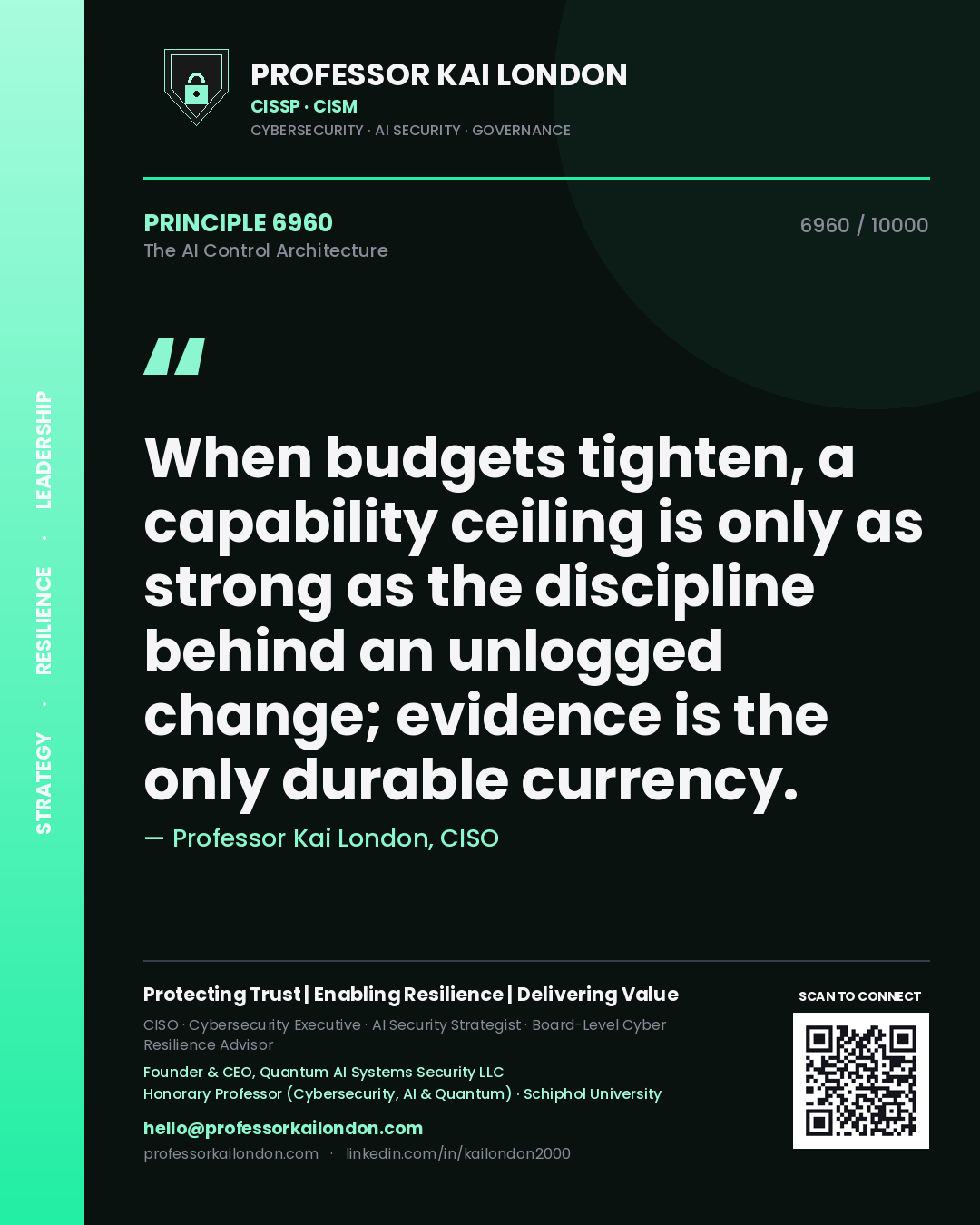 Professor Kai London principle 6960: When budgets tighten, a capability ceiling is only as strong as the discipline behind an unlogged change; evidence is the only durable currency.