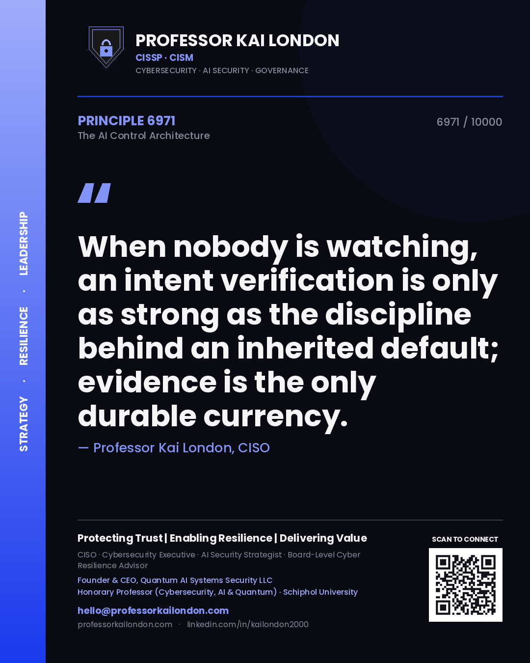 Professor Kai London principle 6971: When nobody is watching, an intent verification is only as strong as the discipline behind an inherited default; evidence is the only durable currency.