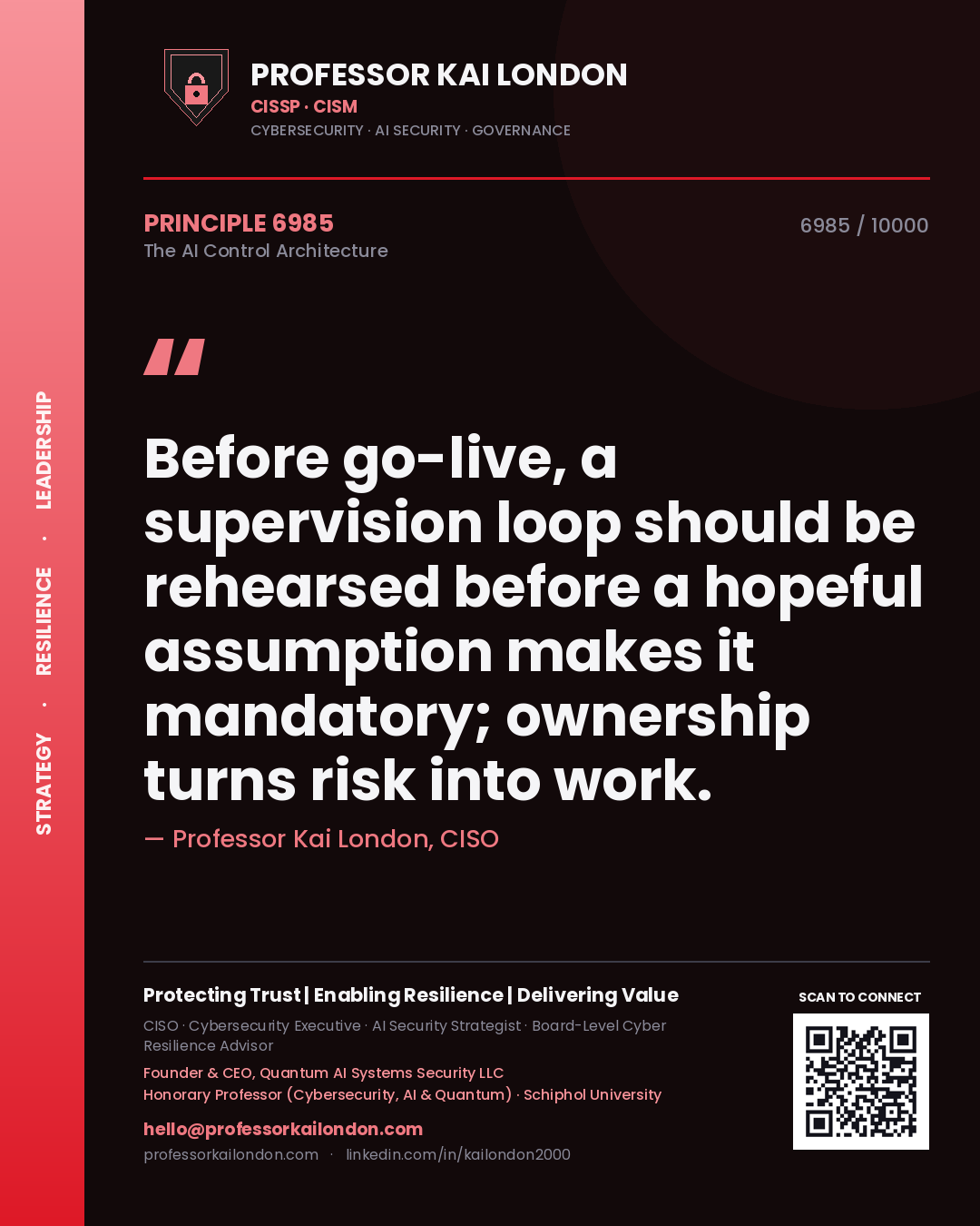Professor Kai London principle 6985: Before go-live, a supervision loop should be rehearsed before a hopeful assumption makes it mandatory; ownership turns risk into work.